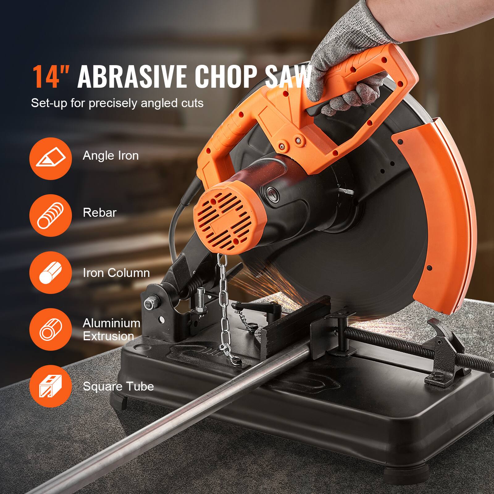 14" ABRASIVE CHOP SAW  
Set-up for precisely angled cuts

- Angle Iron
- Rebar
- Iron Column
- Aluminium Extrusion
- Square Tube