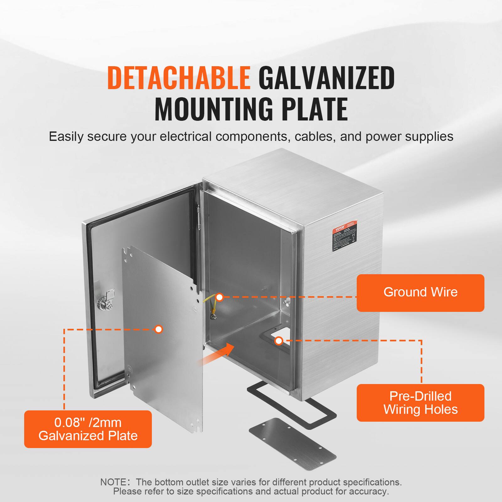 DETACHABLE GALVANIZED MOUNTING PLATE

Easily secure your electrical components, cables, and power supplies

Ground Wire 0.08" /2mm Galvanized Plate Pre-Drilled Wiring Holes

NOTE: The bottom outlet size varies for different product specifications. Please refer to size specifications and actual product for accuracy.