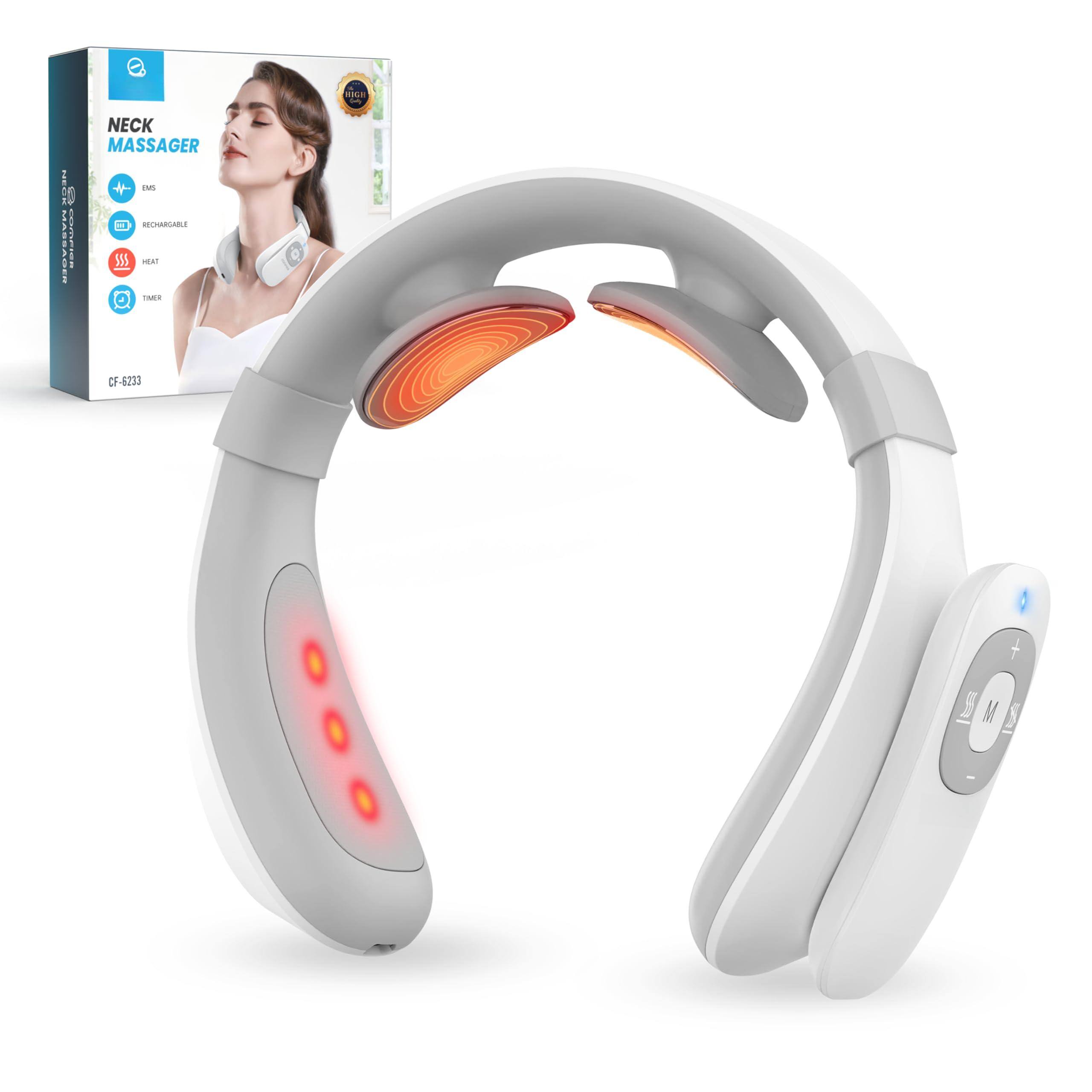 Sure, here is the corrected and grouped text from the image:

---

**NECK MASSAGER**

- EMS
- RECHARGEABLE
- HEAT
- TIMER

**CF-6233**

---

**HI MECE 0 I I9989t i NECK MASSAGER + TM RETTARGABLI 155 Ra NC CF-6233**