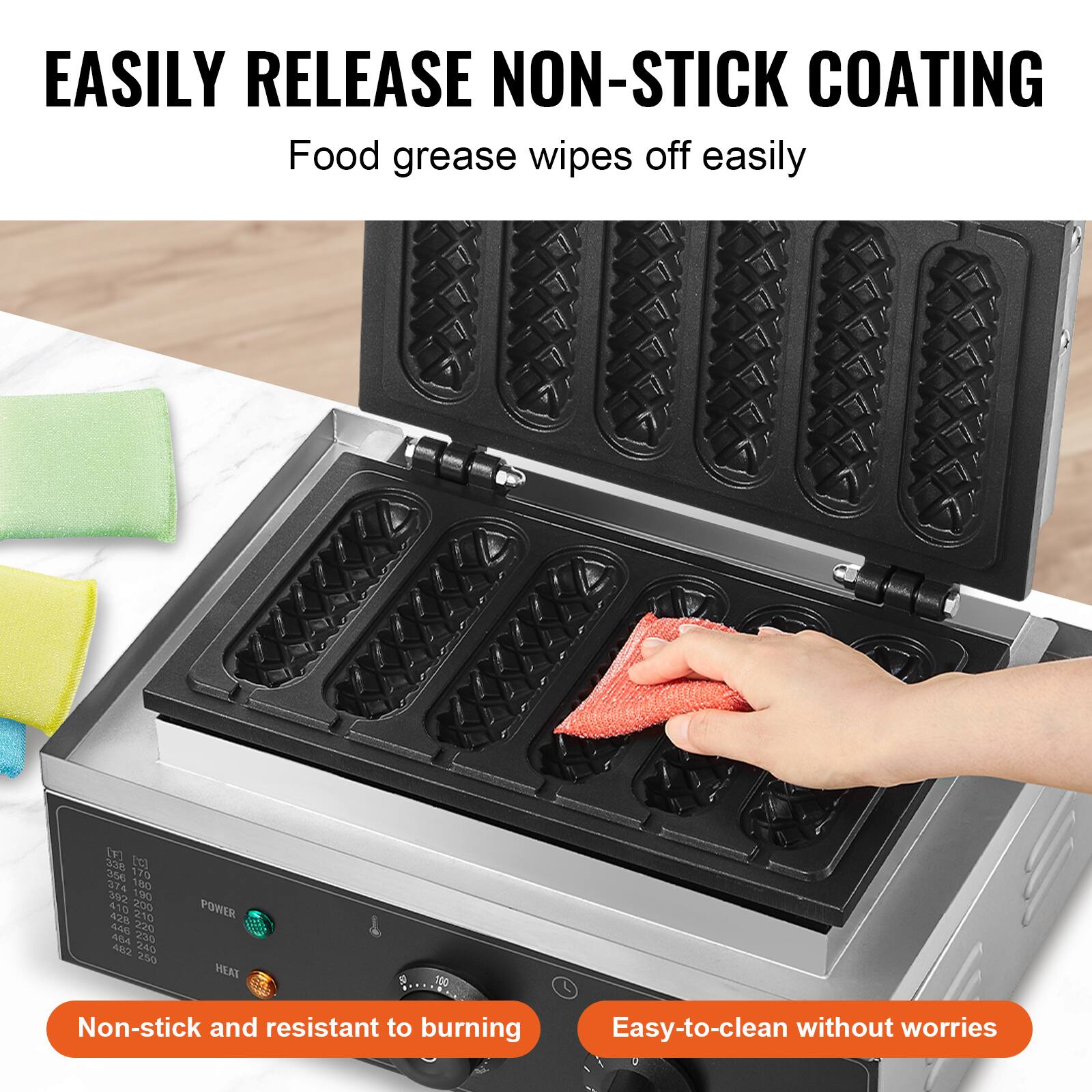 EASILY RELEASE NON-STICK COATING  
Food grease wipes off easily

[F] [c] 338 170 356 180 374 190 282 200 410 210 428 220 448 235 464 240 482 250

POWER HEAT  
100

Non-stick and resistant to burning  
Easy-to-clean without worries