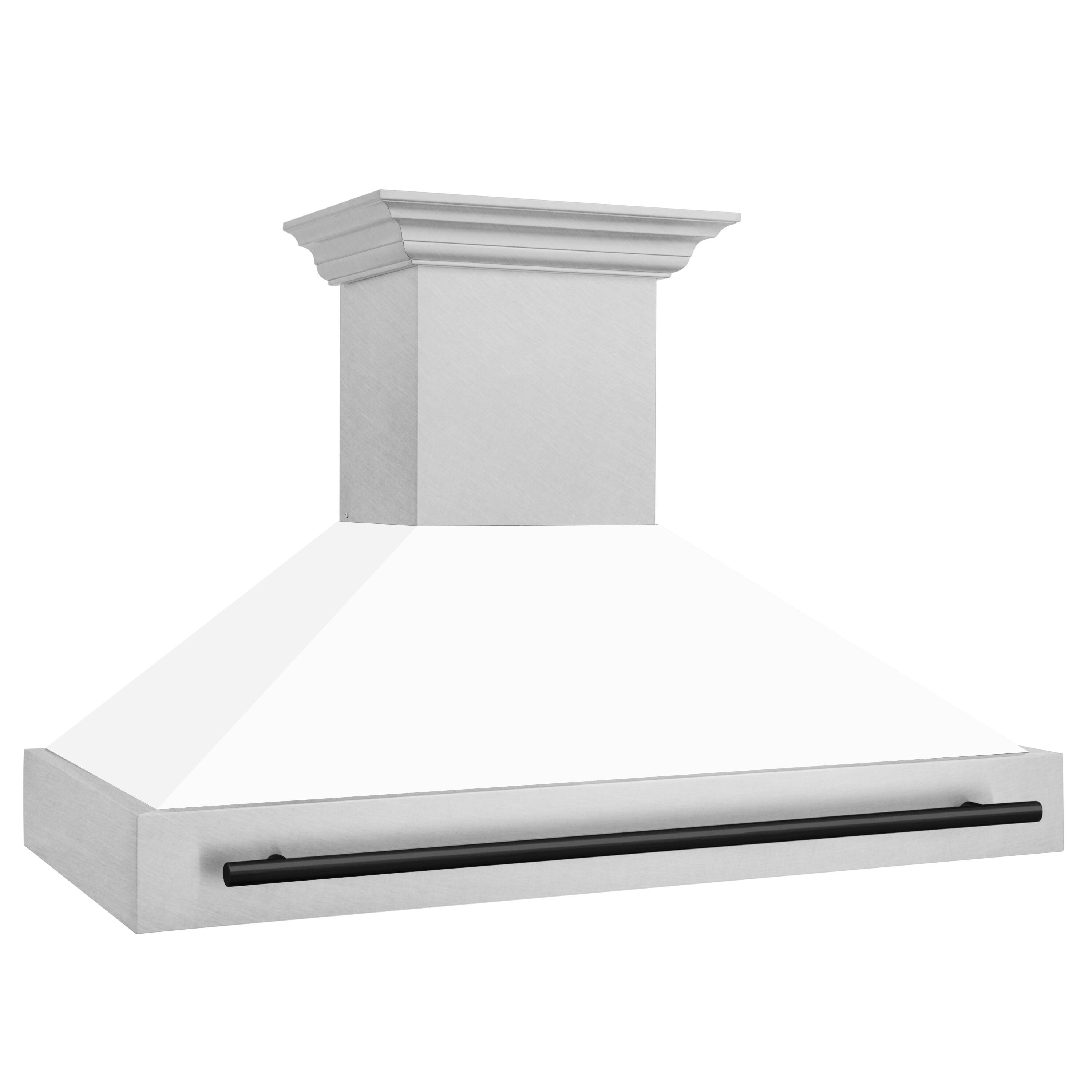 Angle. ZLINE - ZLINE Autograph Edition 48 in. Satin Stainless Steel Wall Mount Range Hood with White Matte Shell and Matte Black Handle - Satin Stainless Steel with White Matte Shell.
