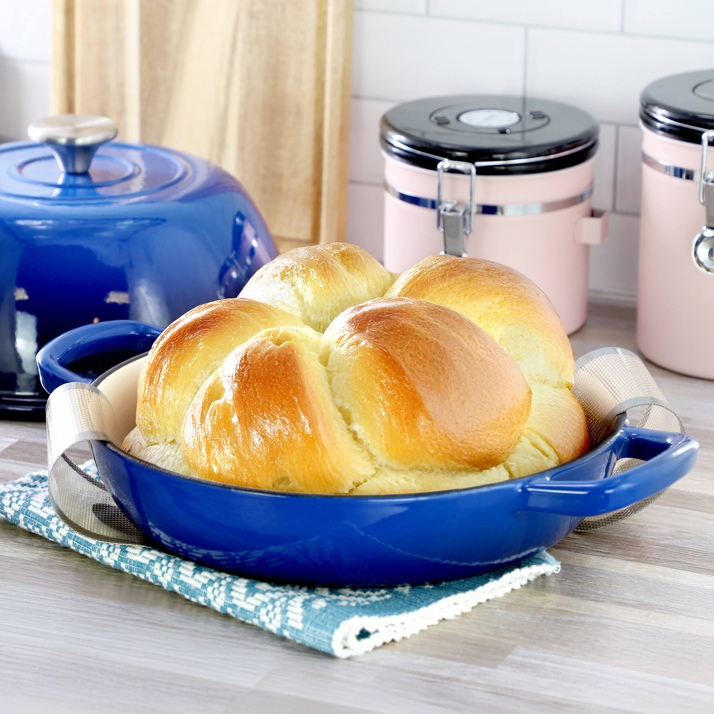 Alt View 6. MegaChef - MegaChef 6 Quart Enameled Cast Iron Bread Pot in Blue with Baking Mat.