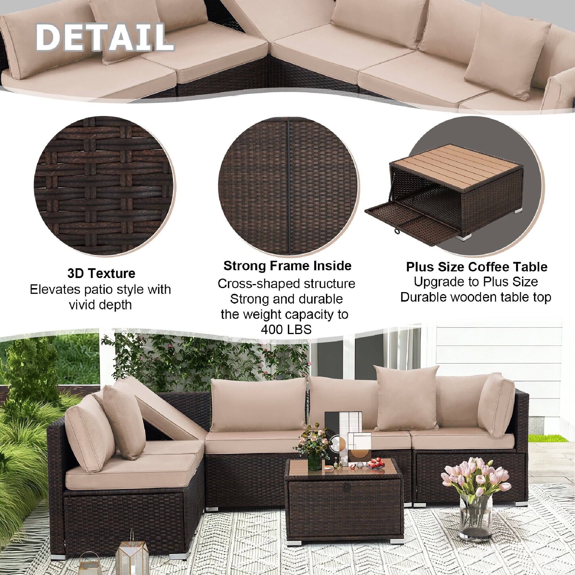 DETAIL

3D Texture  
Elevates patio style with vivid depth

Strong Frame Inside  
Cross-shaped structure  
Strong and durable  
Weight capacity to 400 LBS

Plus Size Coffee Table  
Upgrade to Plus Size  
Durable wooden table top