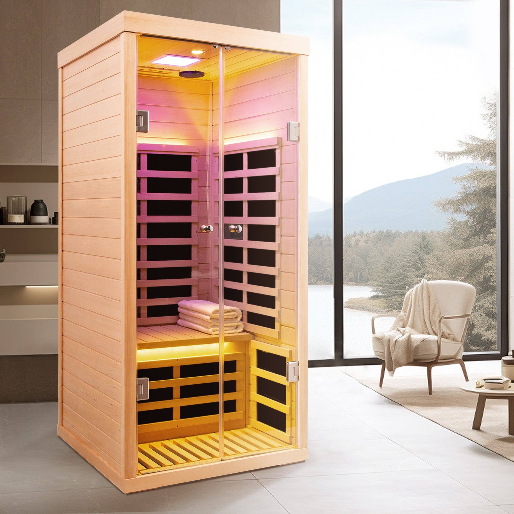 Alt View 2. Boyel Living - Low EMF One-Person Wide Space Hemlock Double Doors Luxury Glass Far Infrared Sauna with APP Control and Bluetooth Audio - Natural Wood.
