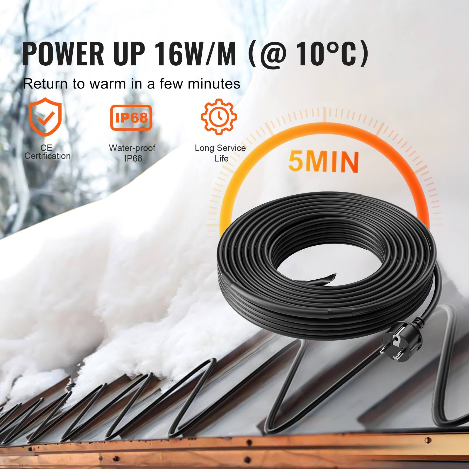 POWER UP 16W/M (@ 10°C)  
Return to warm in a few minutes  
IP68 CE Certification Water-proof IP68  
Long Service Life  
5MIN
