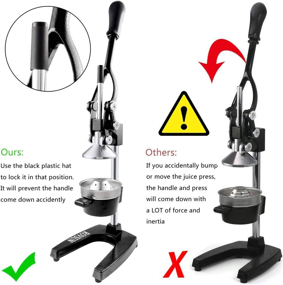 Ours: Use the black plastic hat to lock it in that position. It will prevent the handle from coming down accidentally.

Others: If you accidentally bump or move the juice press, the handle and press will come down with a LOT of force and inertia.