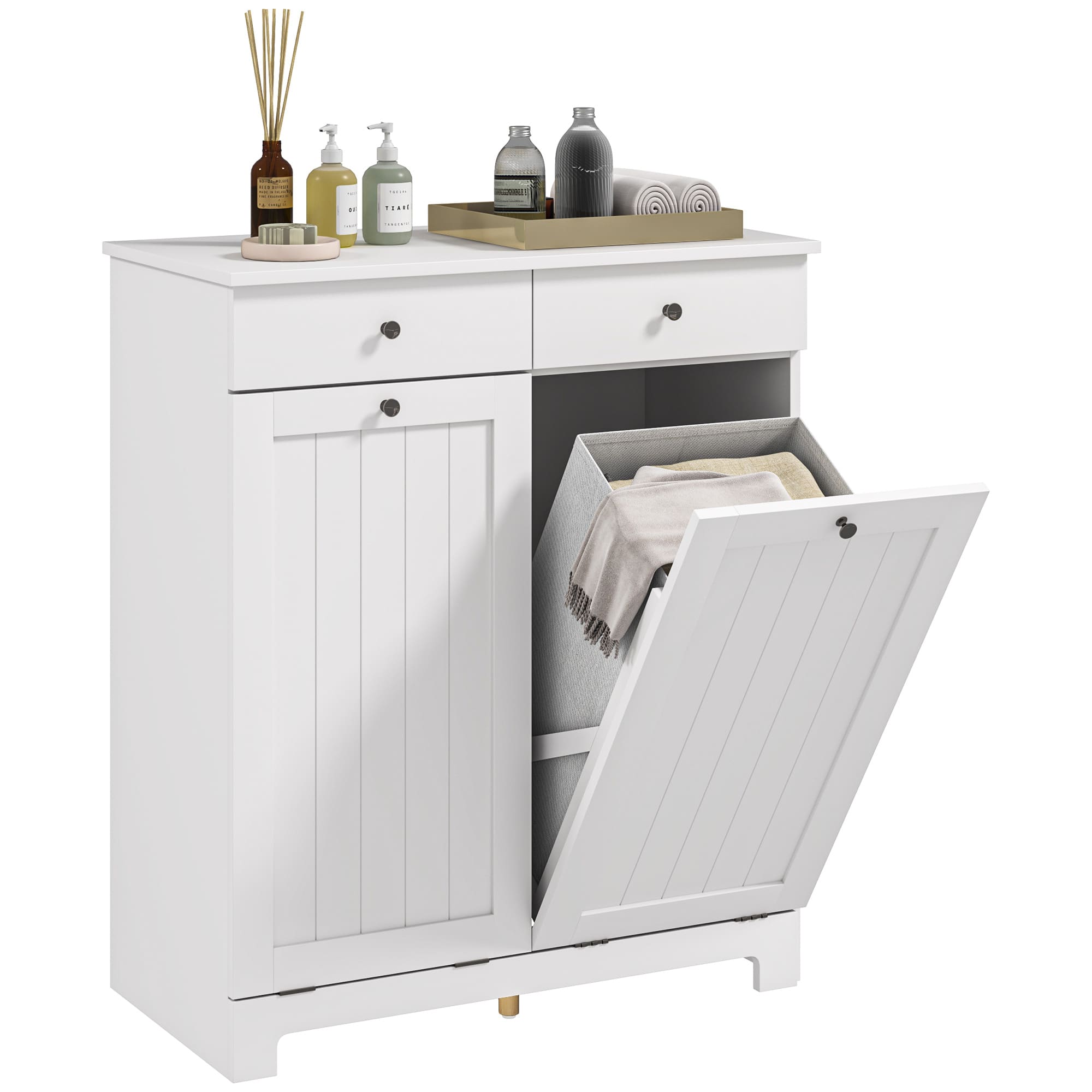 Homcom - Laundry Hamper Cabinet with 2 Removable Baskets, Tilt Out Design with 2 Drawers and 2 Doors - White