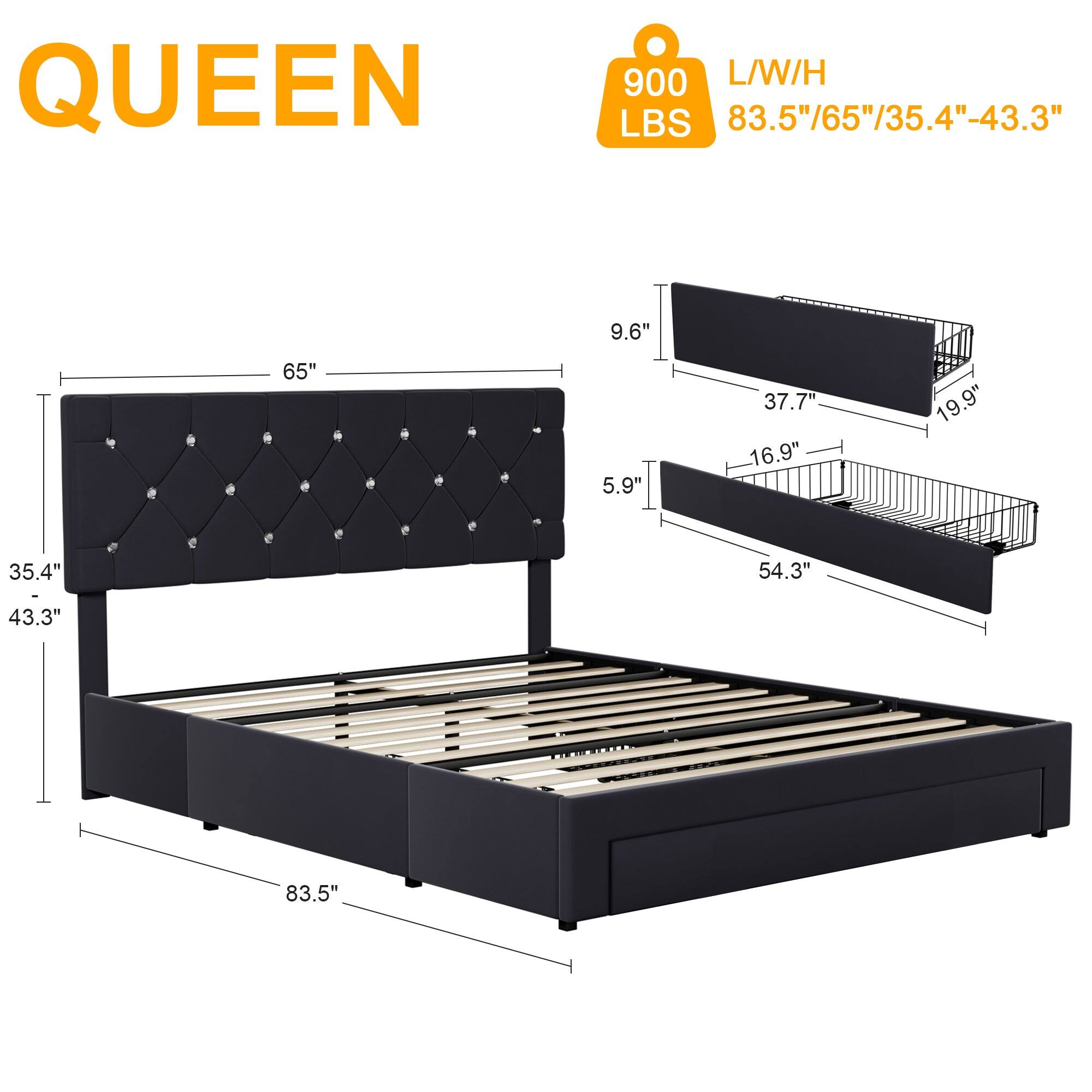 QUEEN  
900 LBS  
L/W/H 83.5"/65"/35.4"-43.3"  
65"  
9.6"  
5.9"  
37.7"  
16.9"  
19.9"  
35.4"  
54.3"  
43.3"  
83.5"