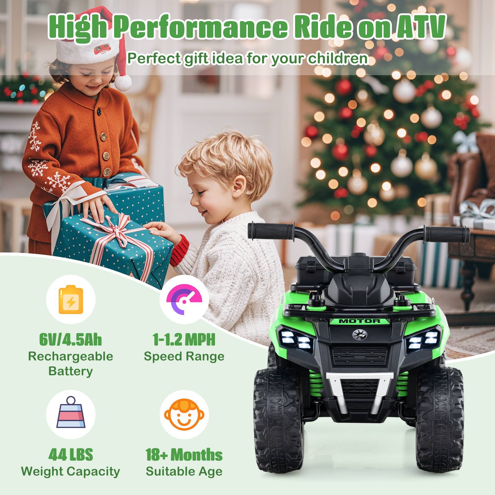 High Performance Ride on ATV  
Perfect gift idea for your children  

- 6V/4.5Ah Rechargeable Battery  
- 1-1.2 MPH Speed Range  
- 44 LBS Weight Capacity  
- 18+ Months Suitable Age
