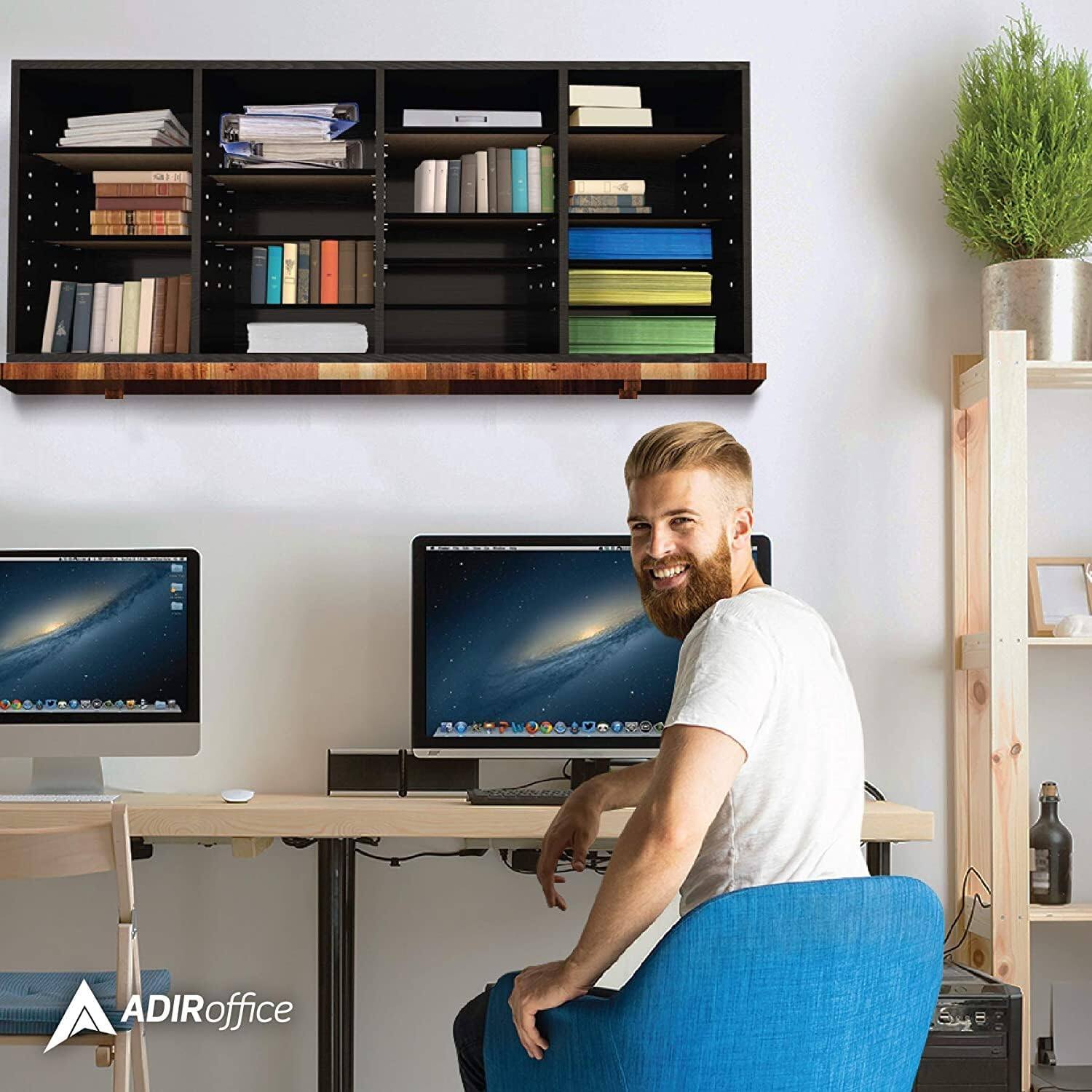 Alt View 4. AdirOffice - Wood Adjustable 24 Compartment Literature File Organizer, 11.8”D x 39.3”W x 16.3”H - Black.