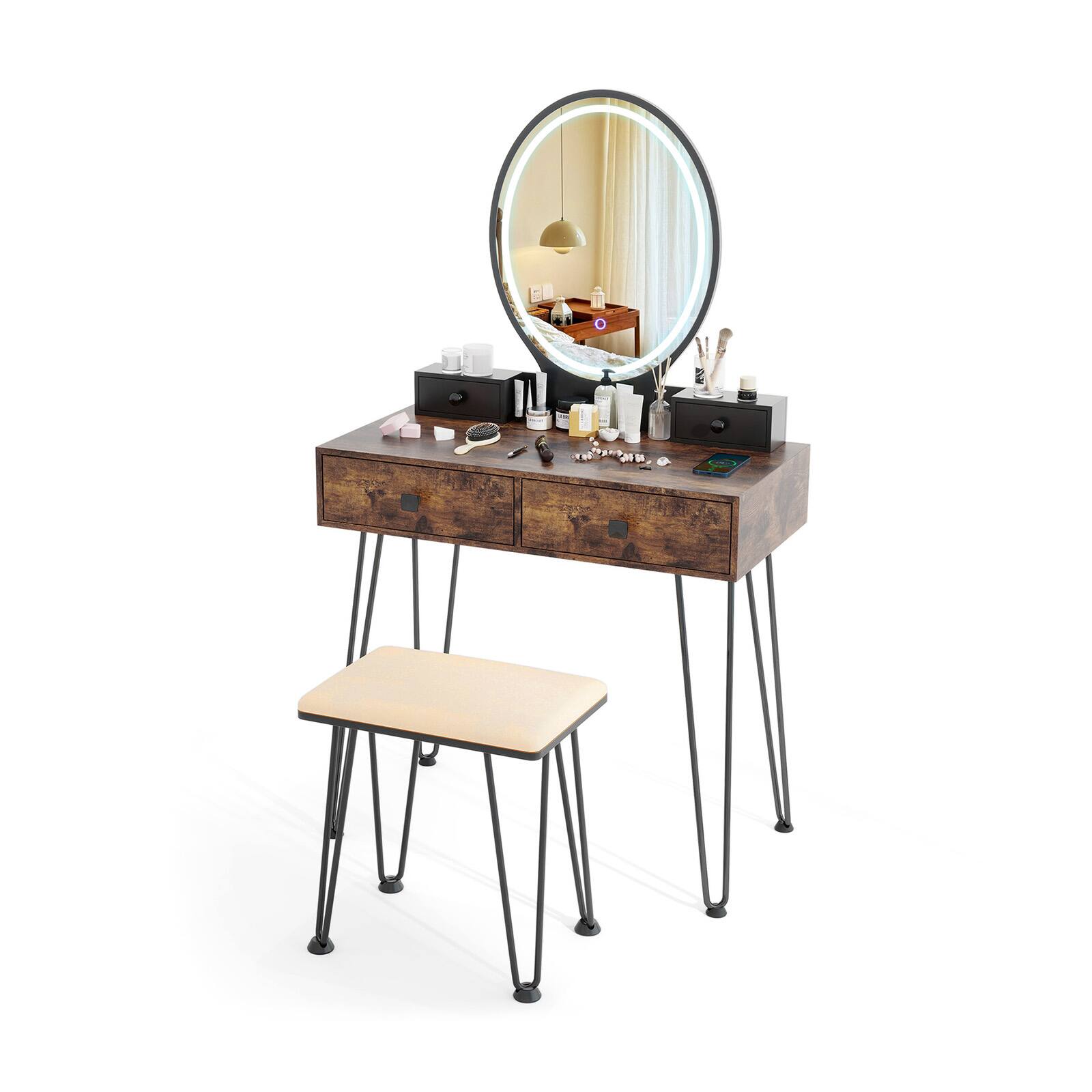 Back. SlickBlue - Vanity Table Set with 3-Color Dimmable Lighted Mirror and Storage Drawers - Brown.