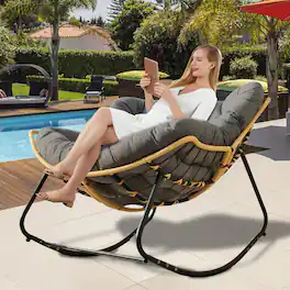 Trinkets Crazed - Larger Outdoor Rocking Chair, Patio Egg Rocking Chair, Indoor Papasan Chair, Rattan Wicker Lounge Chair - Dark Gray