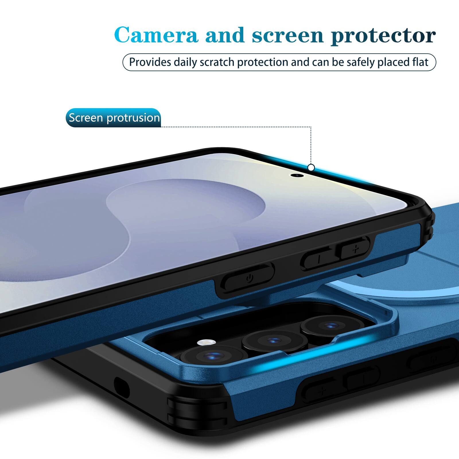 Camera and screen protector  
Provides daily scratch protection and can be safely placed flat  
Screen protrusion