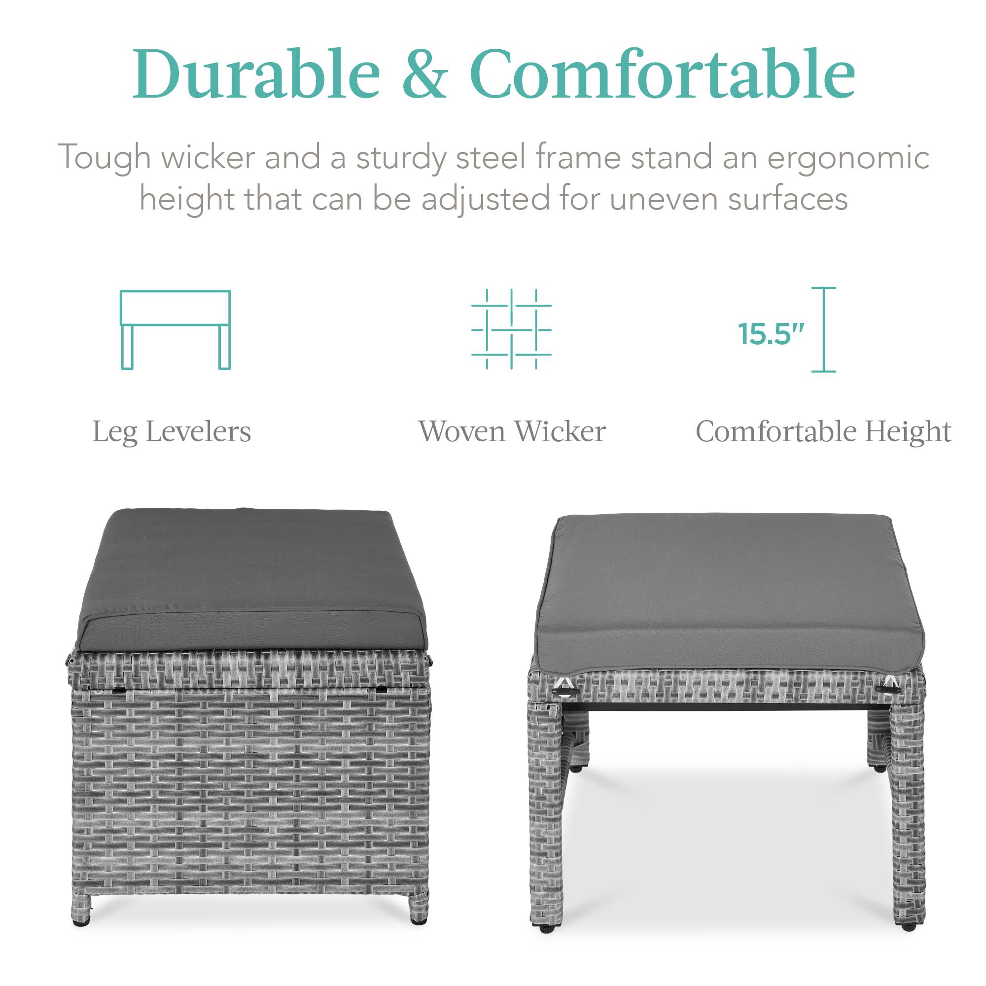 Durable & Comfortable

Tough wicker and a sturdy steel frame stand an ergonomic height that can be adjusted for uneven surfaces

- Leg Levelers
- Woven Wicker
- Comfortable Height

15.5"