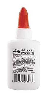 Washable, No Run  
ELMER'S School Glue  

Uses:  
- Paper, fabric, and other porous materials with a smooth surface  
- To decorate, repair, or create with paper, cloth, and other porous materials  
- To decorate, repair, or create with paper, cloth, and other porous materials  

Application:  
- Apply a small amount to the surface to be glued  
- Press firmly and hold for 30 seconds  
- Allow to dry for 30 minutes before handling  

Cleanup:  
- Clean up with water  

Caution:  
- Keep out of reach of children  
- Not for use on skin or eyes  
- Not for use on food or food packaging  

Distributed by ELMER'S PRODUCTS, INC., Columbus, OH 43219  

0 260001 00301 8