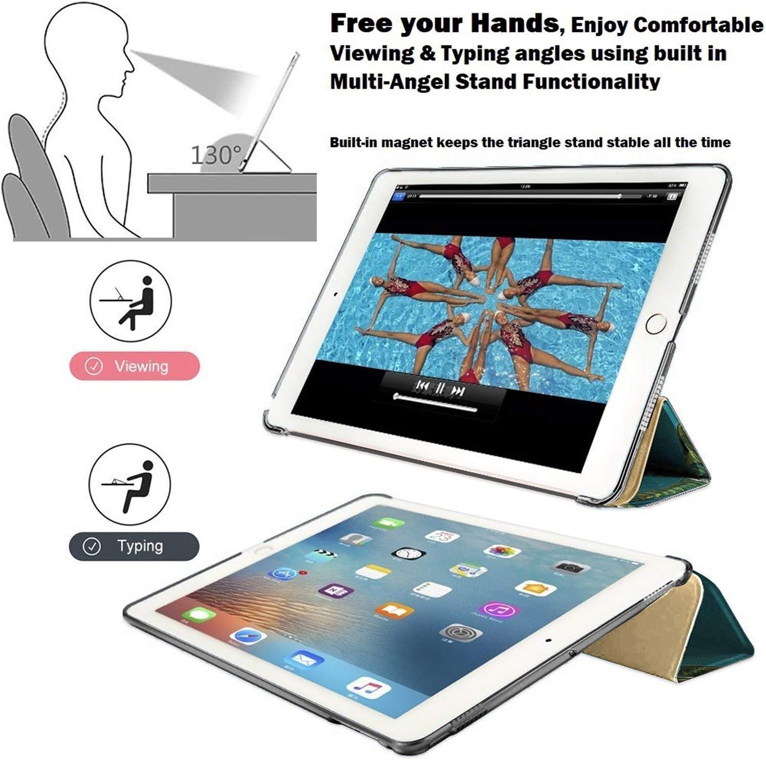 Free your Hands, Enjoy Comfortable Viewing & Typing angles using built in Multi-Angel Stand Functionality

130°

Built-in magnet keeps the triangle stand stable all the time

Viewing

Typing