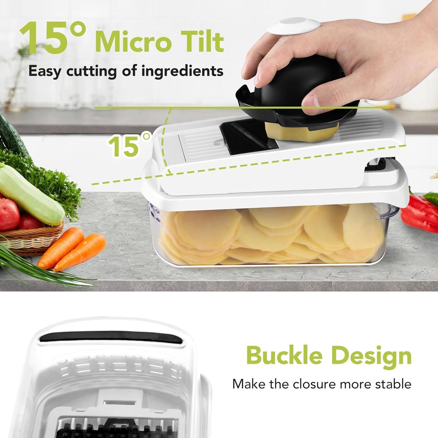 15° Micro Tilt Easy cutting of ingredients
Buckle Design Make the closure more stable