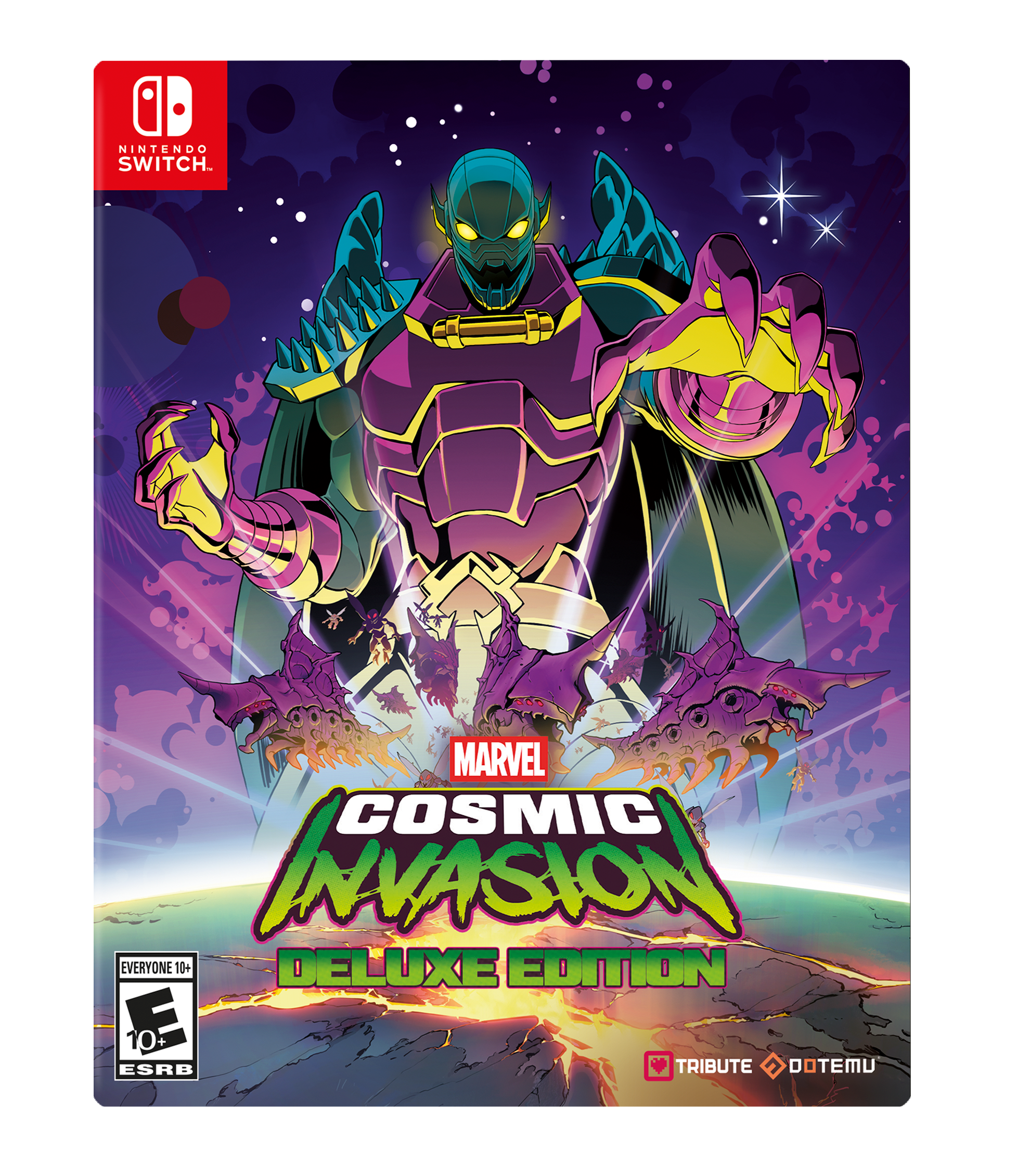 A Nintendo Switch. Marvel Cosmic Invasion Everyone 10+ Deluxe Edition D 10+ ESRB Y Tribute Dotemu