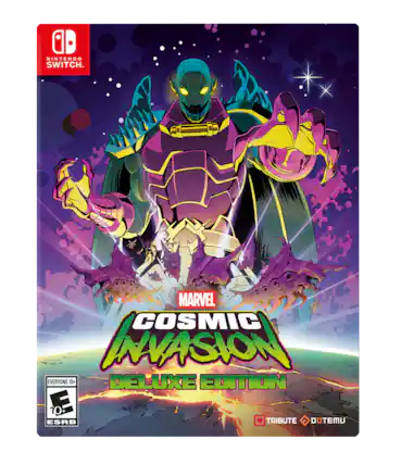 Sure, here is the corrected and grouped text from the image:
---
**Nintendo Switch**
**Marvel Cosmic Invasion Deluxe Edition**
**Everyone 10+**
**ESRB**
**Tribute**
**Dotemu**
--- - E10+ (Everyone 10+)