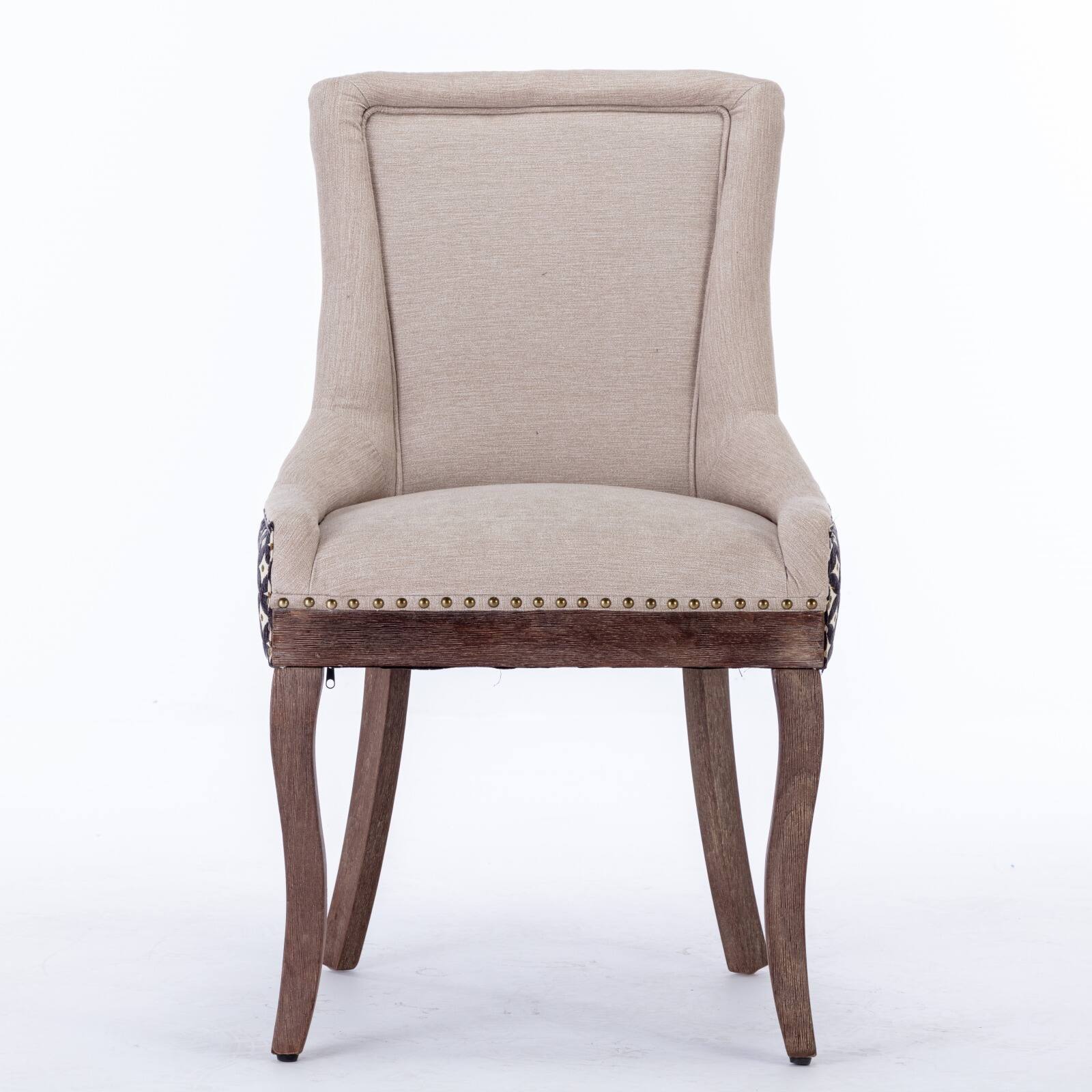 Angle. GOODSILO - Set of 2 Dining Chairs, Thickened Fabric, Solid Wood Legs, Nail Head Trim - Beige+Black.
