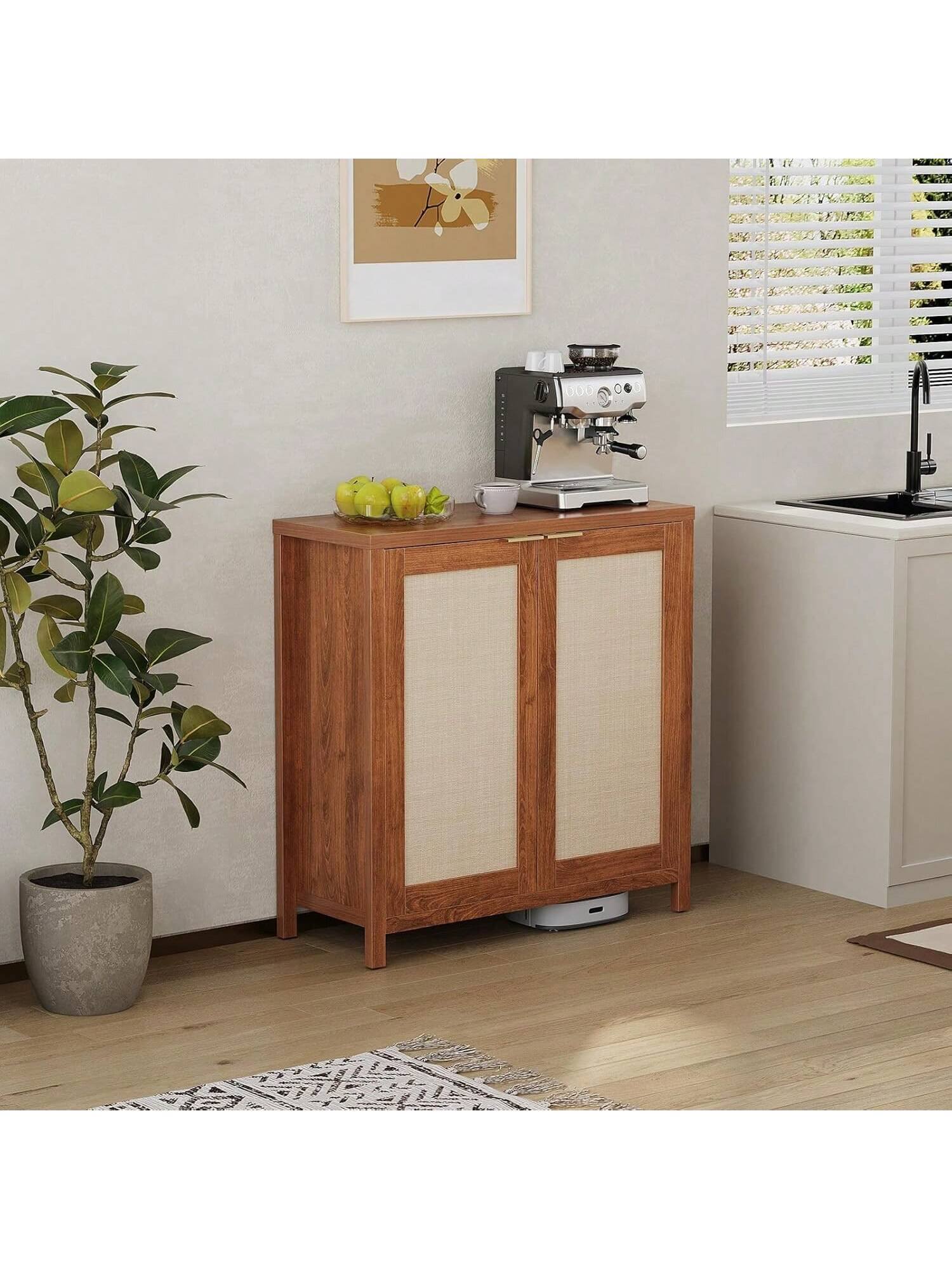 Angle. GARVEE - Freestanding Rattan Storage Cabinet With Doors and Adjustable Shelves, Accent Floor Storage Cabinet, Dark Oak - Dark Oak.