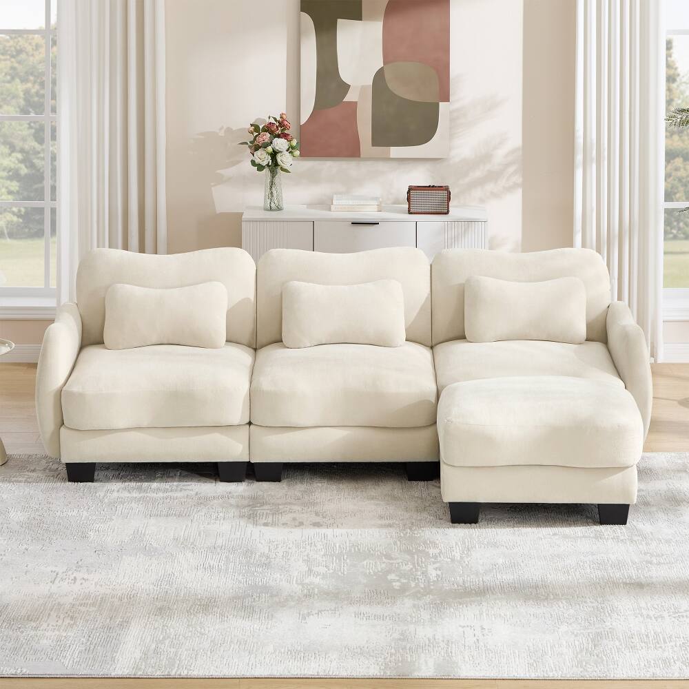 Angle. Loheer - Loheer Chenille L-Shaped Sofa Oversized 3-Seater Sectional with Movable Ottoman Ergonomic Beige Modular Couch - Beige.
