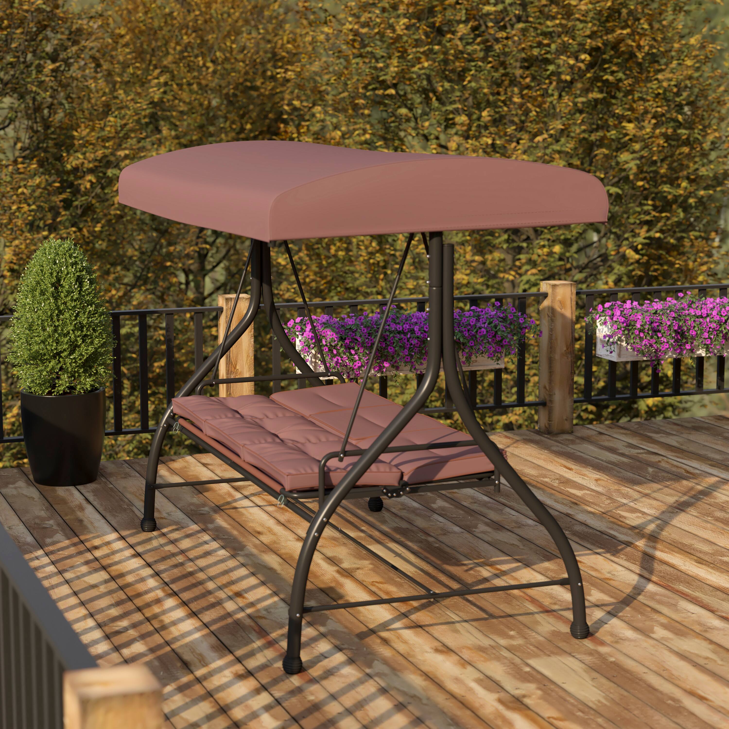 Alt View 3. Emma + Oliver - 3-Seat Outdoor Steel Converting Patio Swing and Bed Canopy Hammock - Brown.