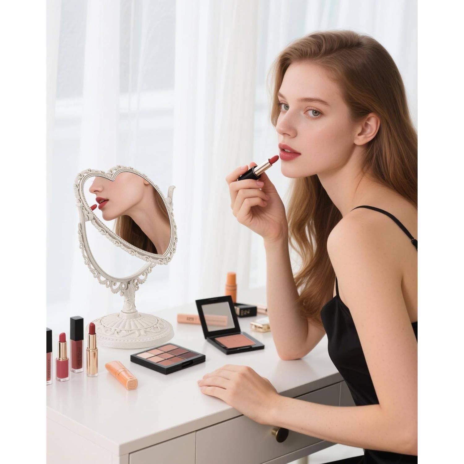 Back. Pacoar Cade - Beige Heart Shaped Mirror Cute Vanity Princess For Desk Double sided Rotatable Table With Stand Downtown Girl Room... - Beige.