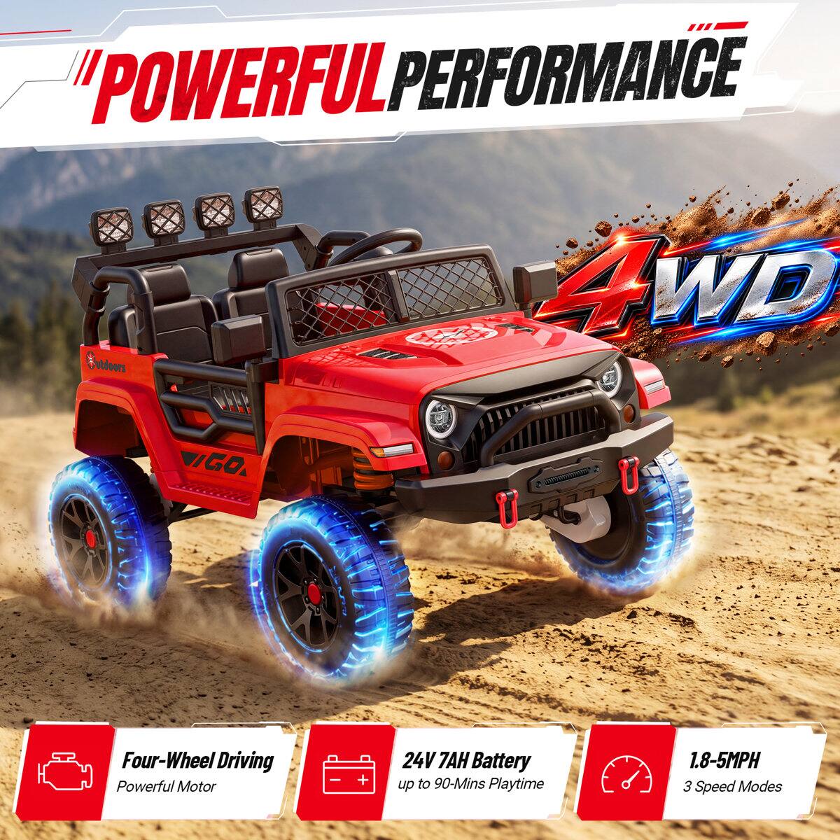 "POWERFUL PERFORMANCE 4WD

VIGO

Four-Wheel Driving Powerful Motor

24V 7AH Battery up to 90-Mins Playtime

1.8-5MPH 3 Speed Modes"