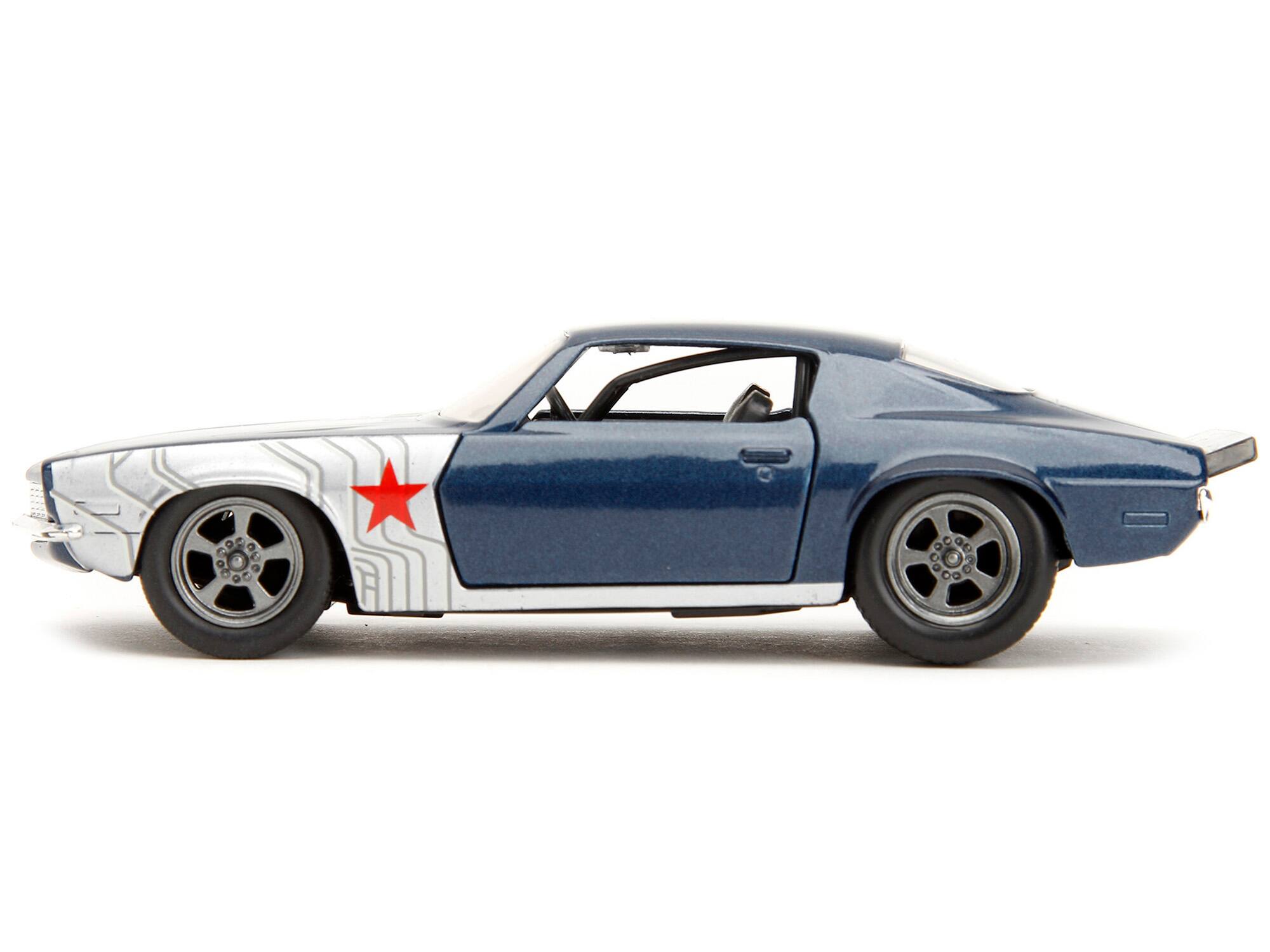 Left. Jada - 1973 Chevrolet Camaro 1/32 Diecast Dark Blue Metallic Gray Stripes with Winter Soldier Figure "Marvel Avengers" Series - Dark Blue Metallic With Gray.
