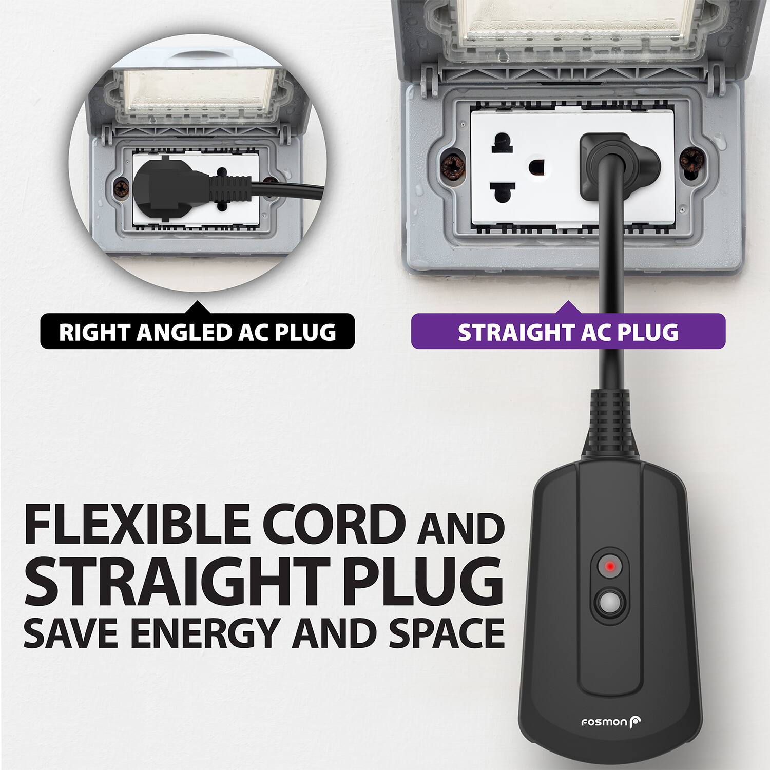 FLEXIBLE CORD AND STRAIGHT PLUG, RIGHT ANGLED AC PLUG, STRAIGHT AC PLUG, SAVE ENERGY AND SPACE, FosmOn