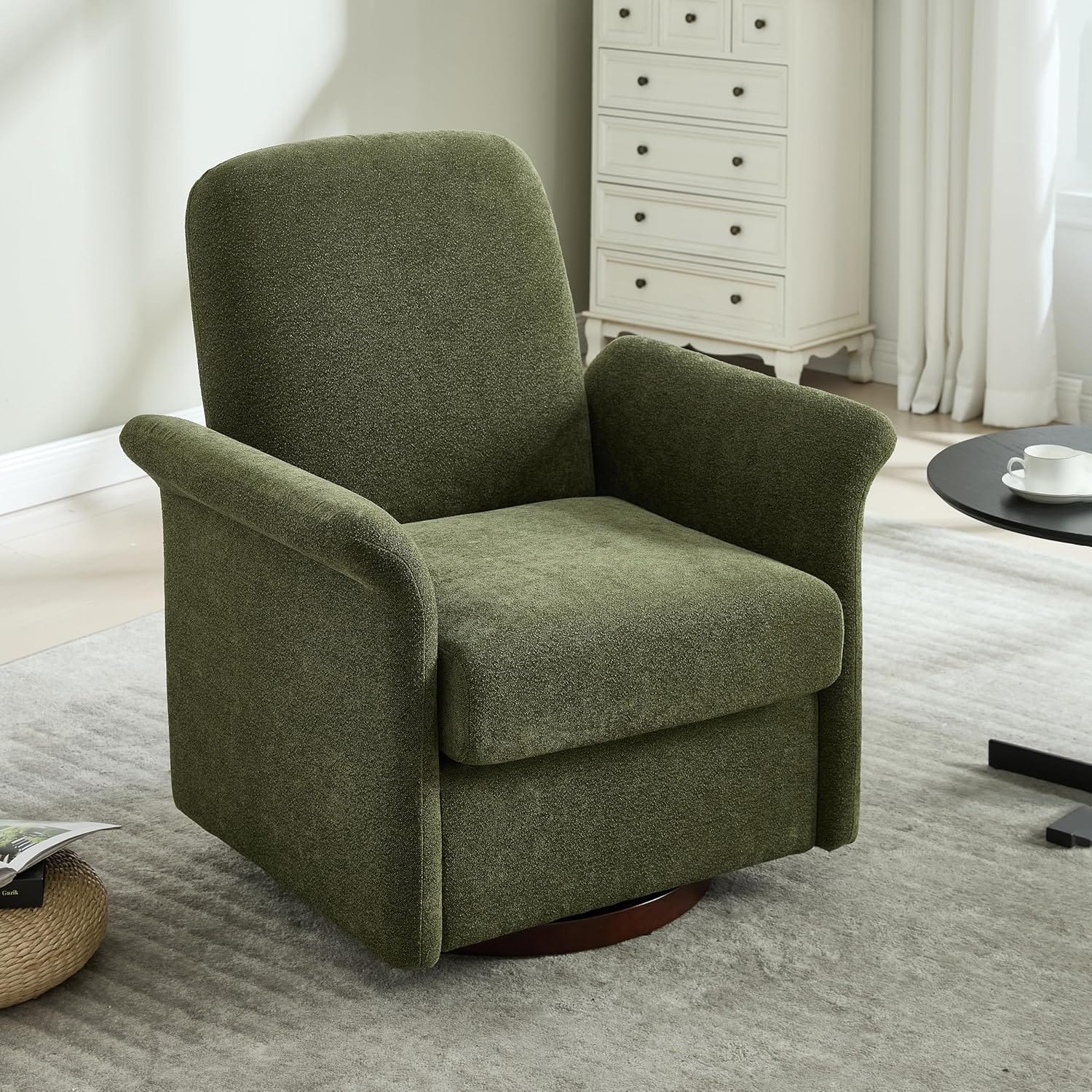 Trinkets Crazed - Swivel Accent Chair Modern Barrel Armchair with Wood Base for Bedroom - dark green