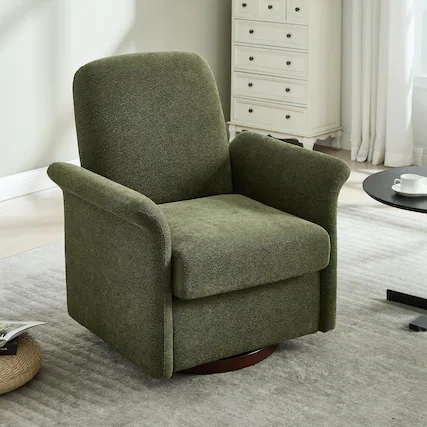 Front. Trinkets Crazed - Swivel Accent Chair Modern Barrel Armchair with Wood Base for Bedroom - dark green.