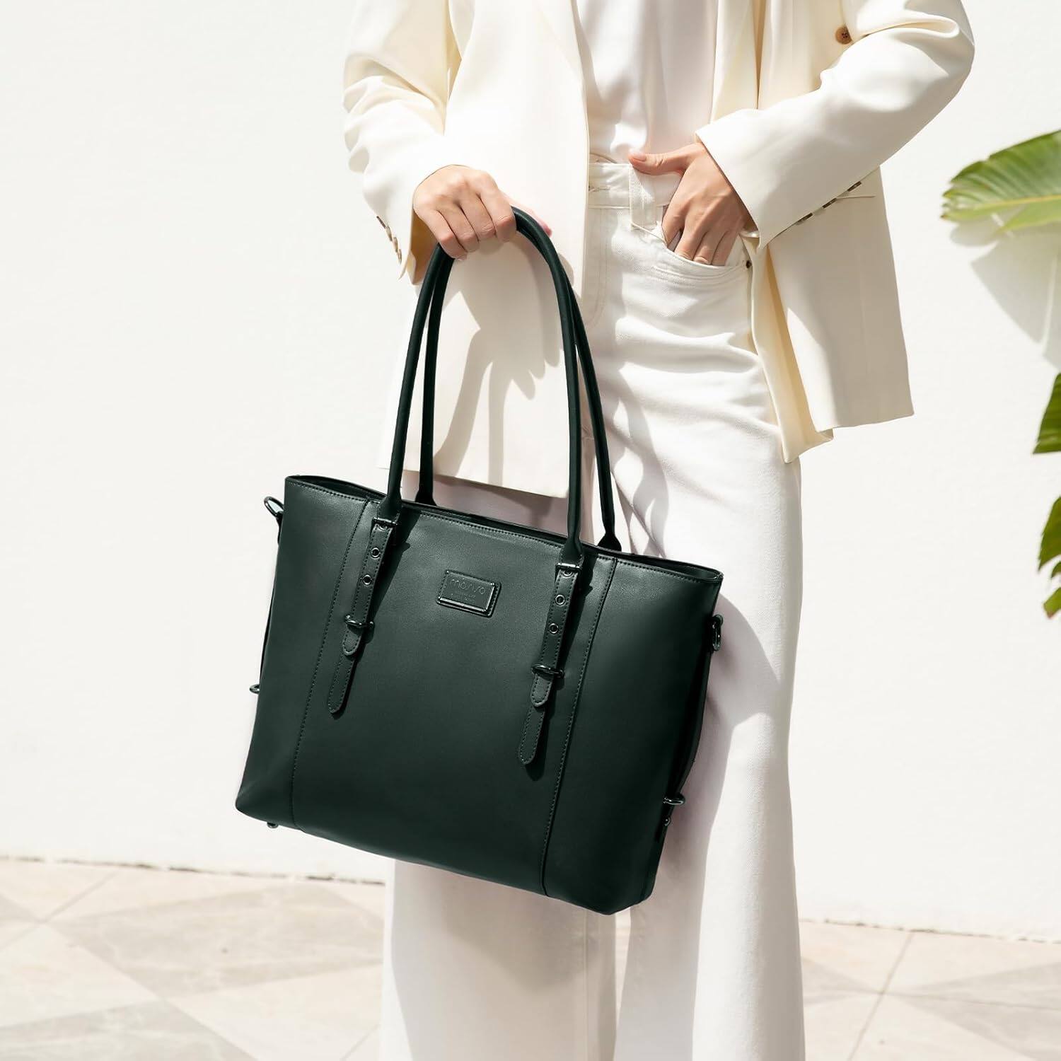 Angle. mosiso - Waterproof PU Leather Laptop Bag for Women 17.3 Inch, Vintage Briefcase Shoulder Tote Computer Bag for Work & Office - Midnight Green.