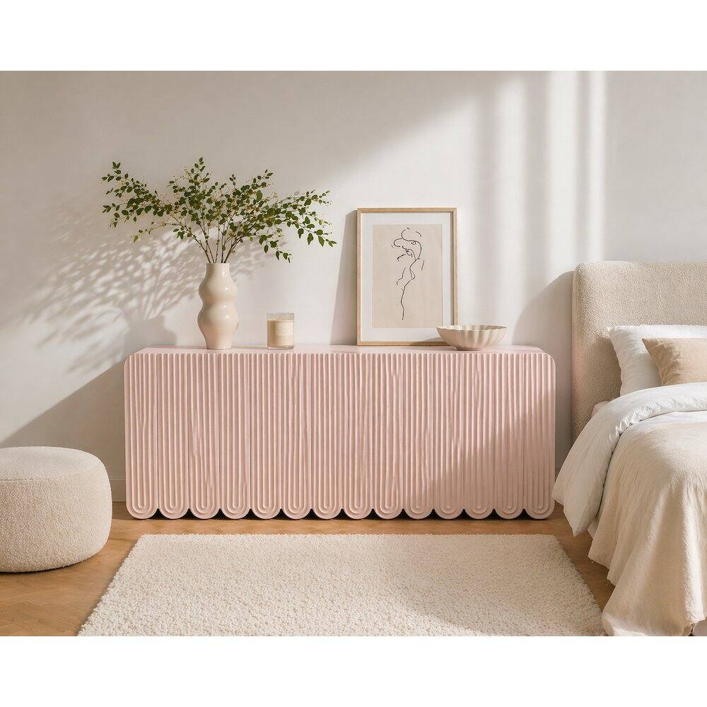 Back. FurniFact - Fluted And Scalloped Sideboard Storage Cabinet In Elegant Finish - Pink.