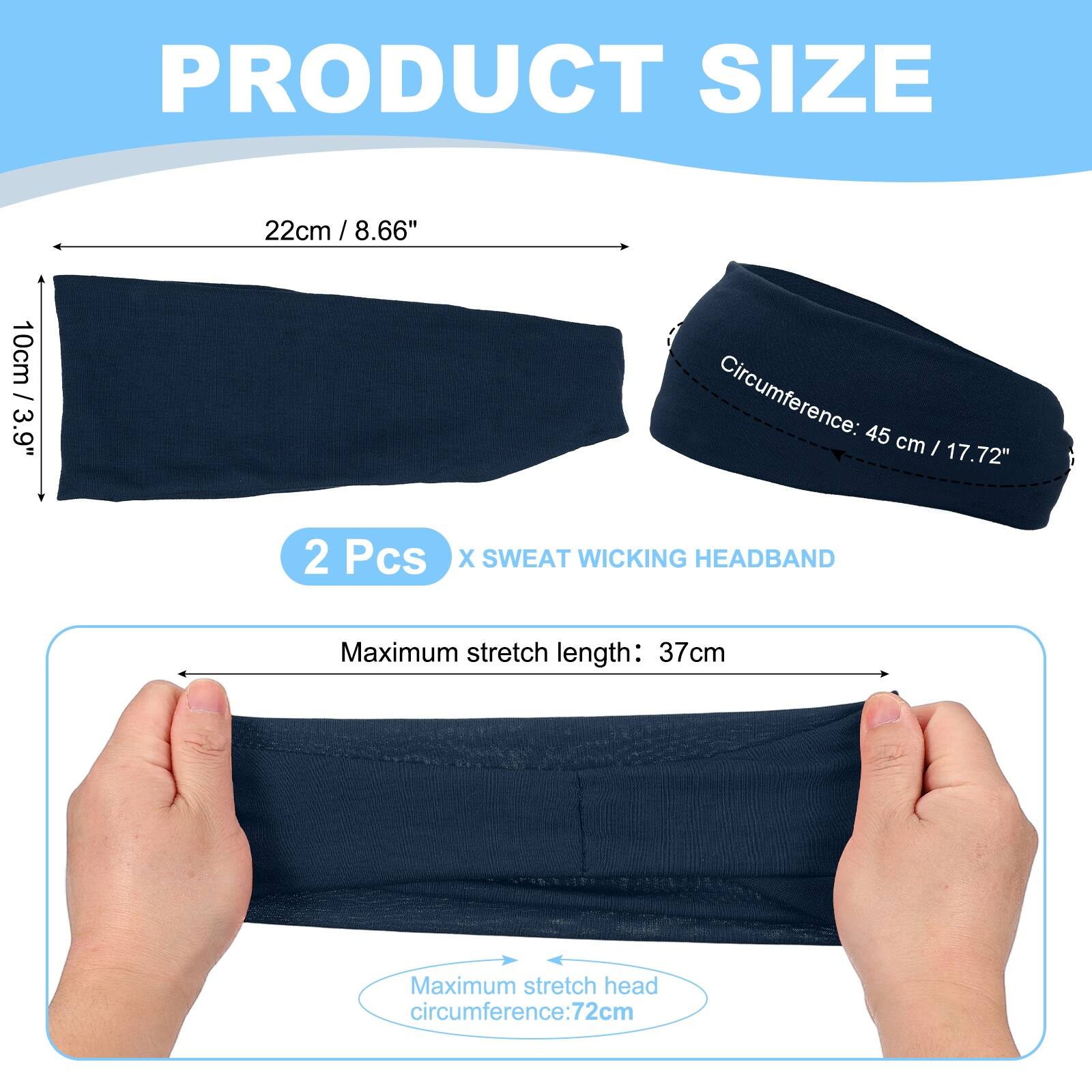 PRODUCT SIZE

22cm / 8.66"  
10cm / 3.9"  
Circumference: 45 cm / 17.72"  

2 Pcs X SWEAT WICKING HEADBAND  

Maximum stretch length: 37cm  
Maximum stretch head circumference: 72cm