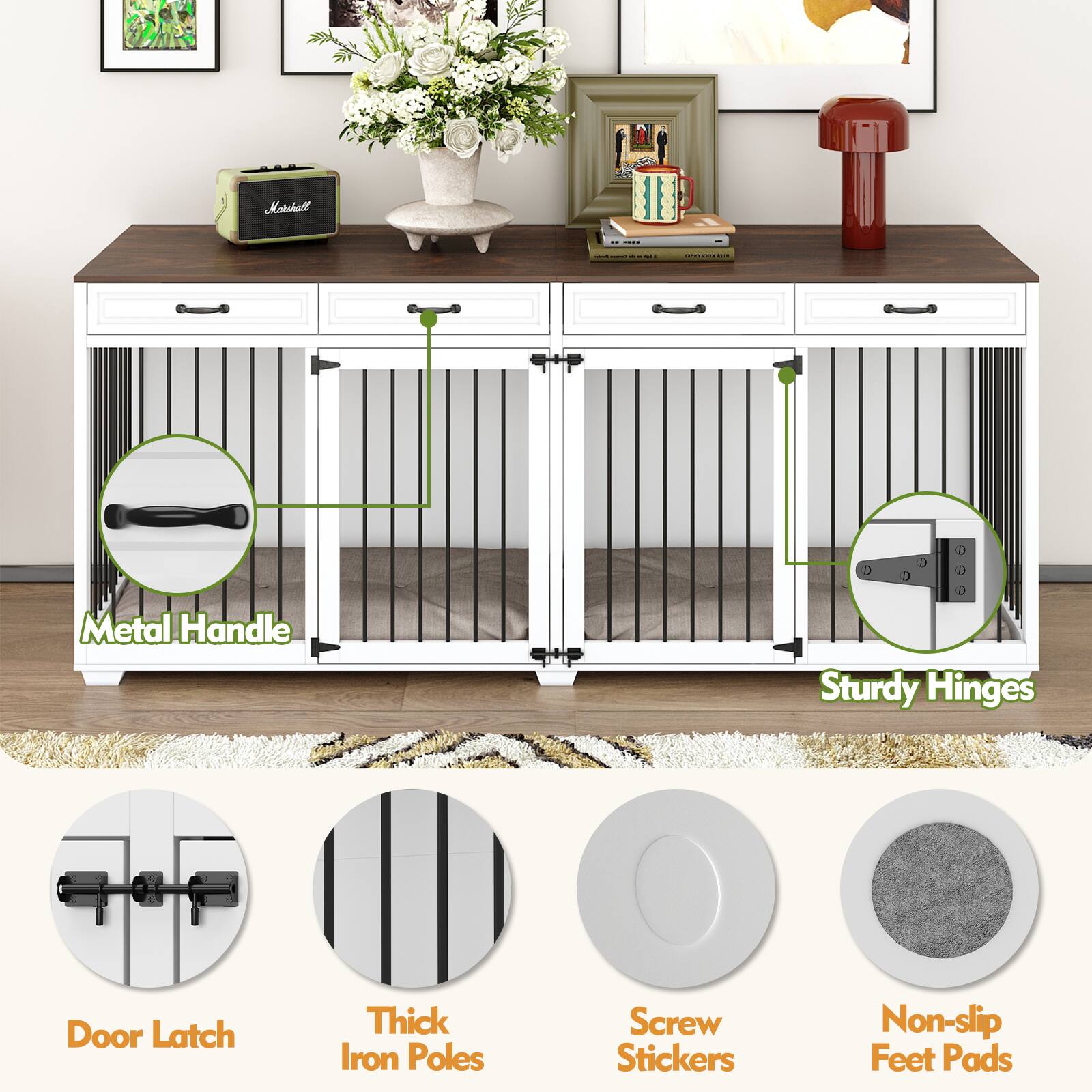 - Metal Handle
- Sturdy Hinges
- Door Latch
- Thick Iron Poles
- Screw Stickers
- Non-slip Feet Pads