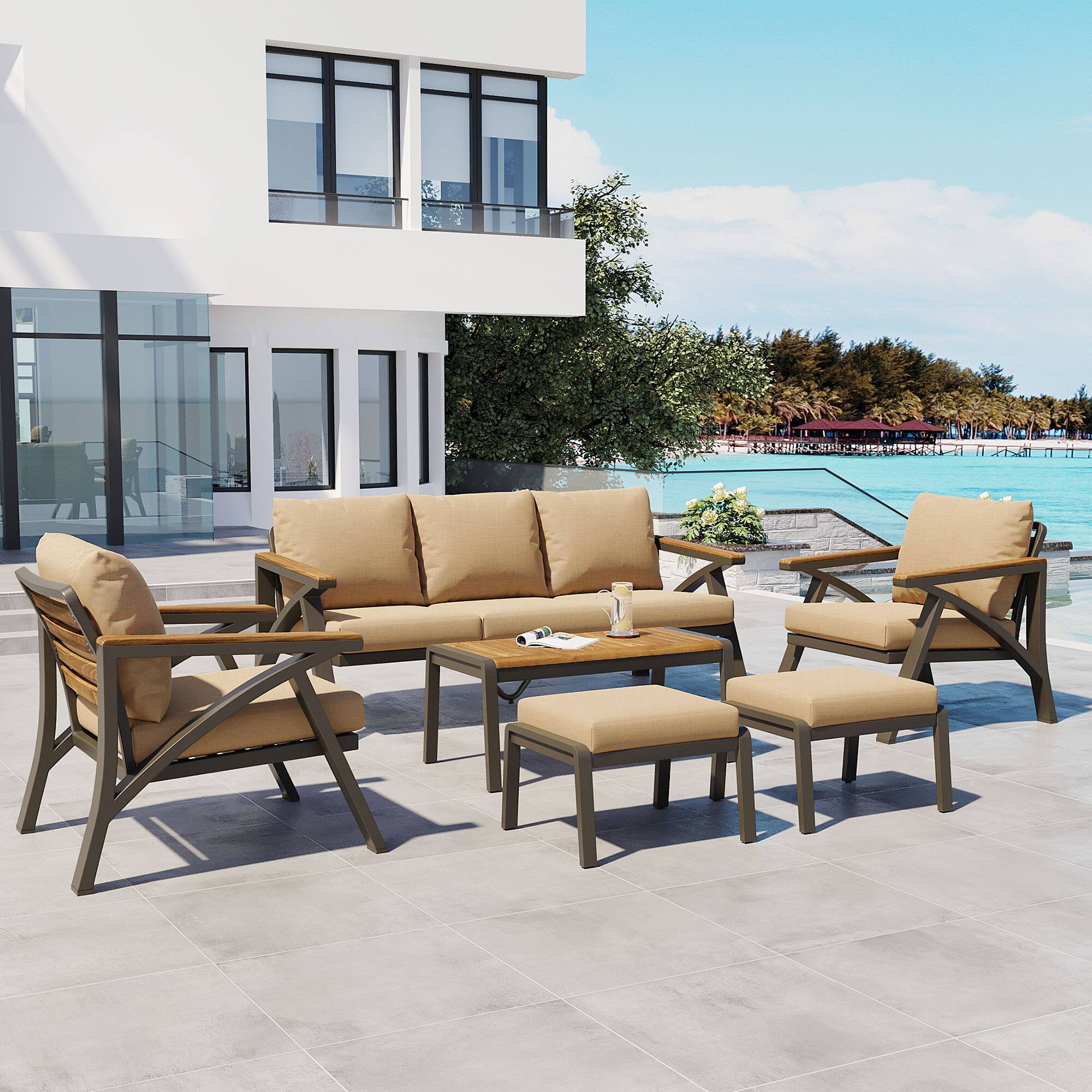 Angle. Whisen - 6-Piece Outdoor Patio Furniture Set with Acacia Wood Table, Steel Sofa, Armchairs & Ottomans for Garden - Brown.