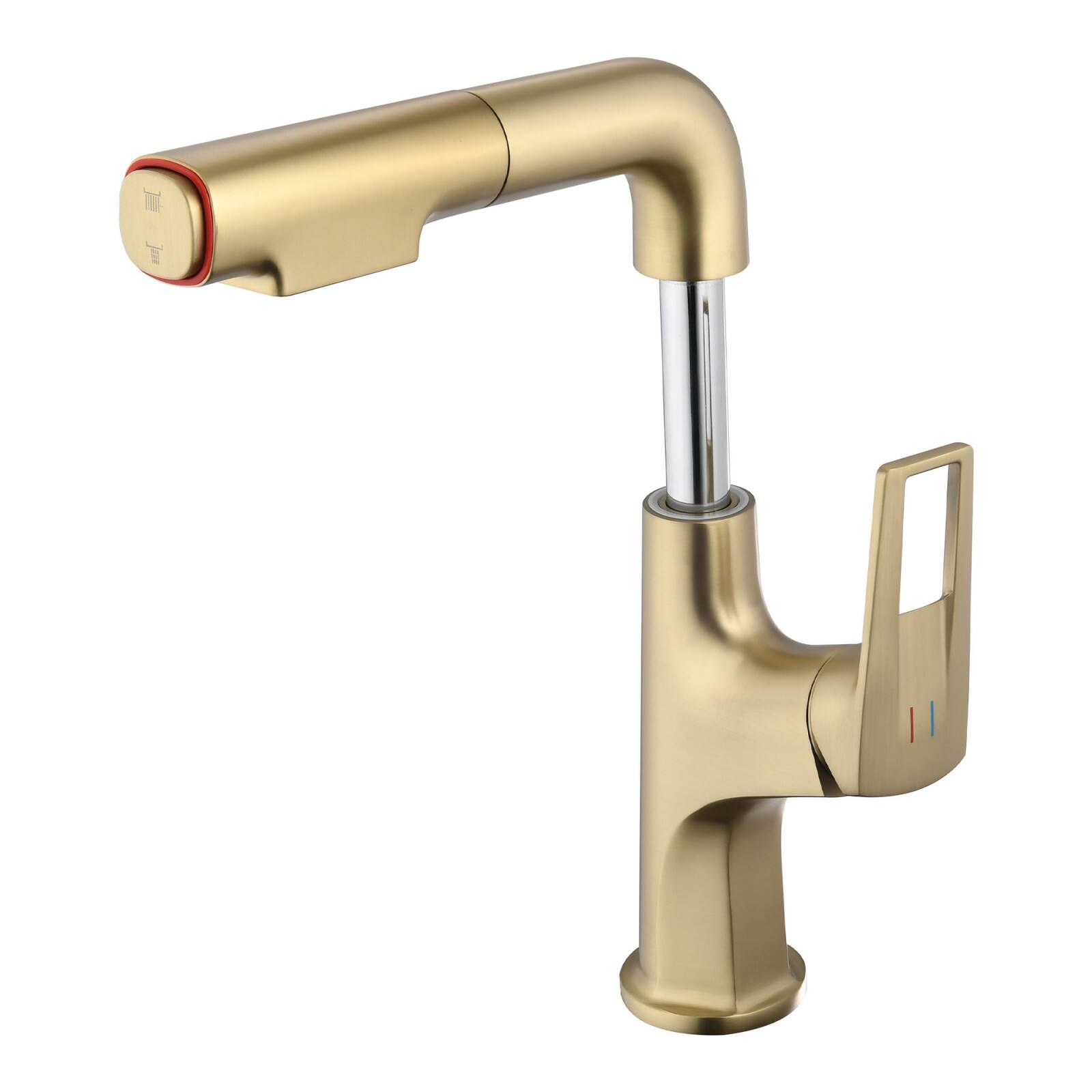Front. Glintex - Brushed Gold Pull-Down Vessel Faucet - Single Hole Bathroom Sink Faucet with Lift Spout & Dual Spray Modes - Brushed Gold.