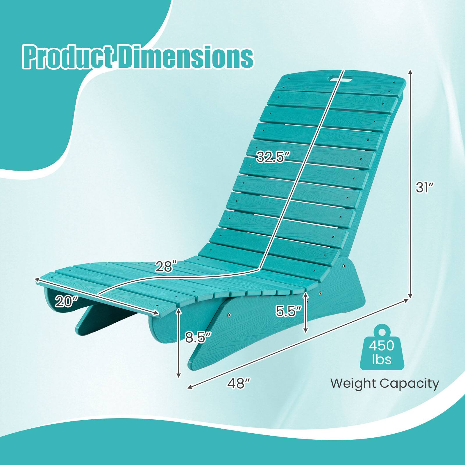 Product Dimensions
32.5"
31"
28"
20"
5.5"
8.5"
48"

Weight Capacity
450 lbs