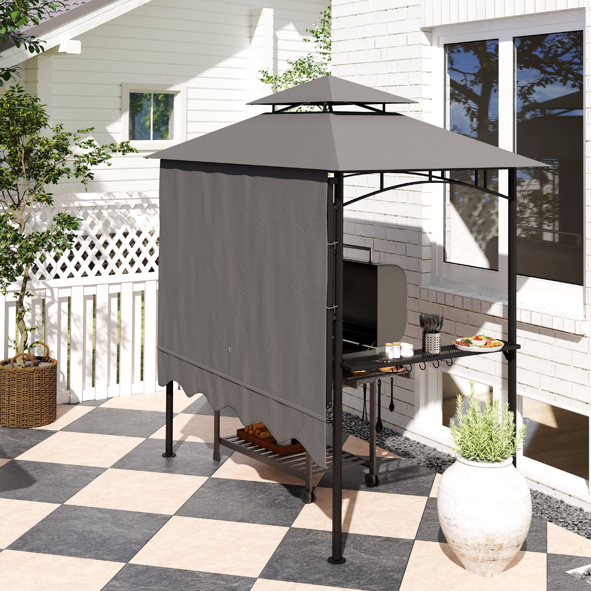 Alt View 8. Outsunny - 8' x 5' Grill Gazebo, Double Tiered Outdoor BBQ Gazebo with Side Awning, 2 Side Shelves and 6 Hooks - Dark Gray.
