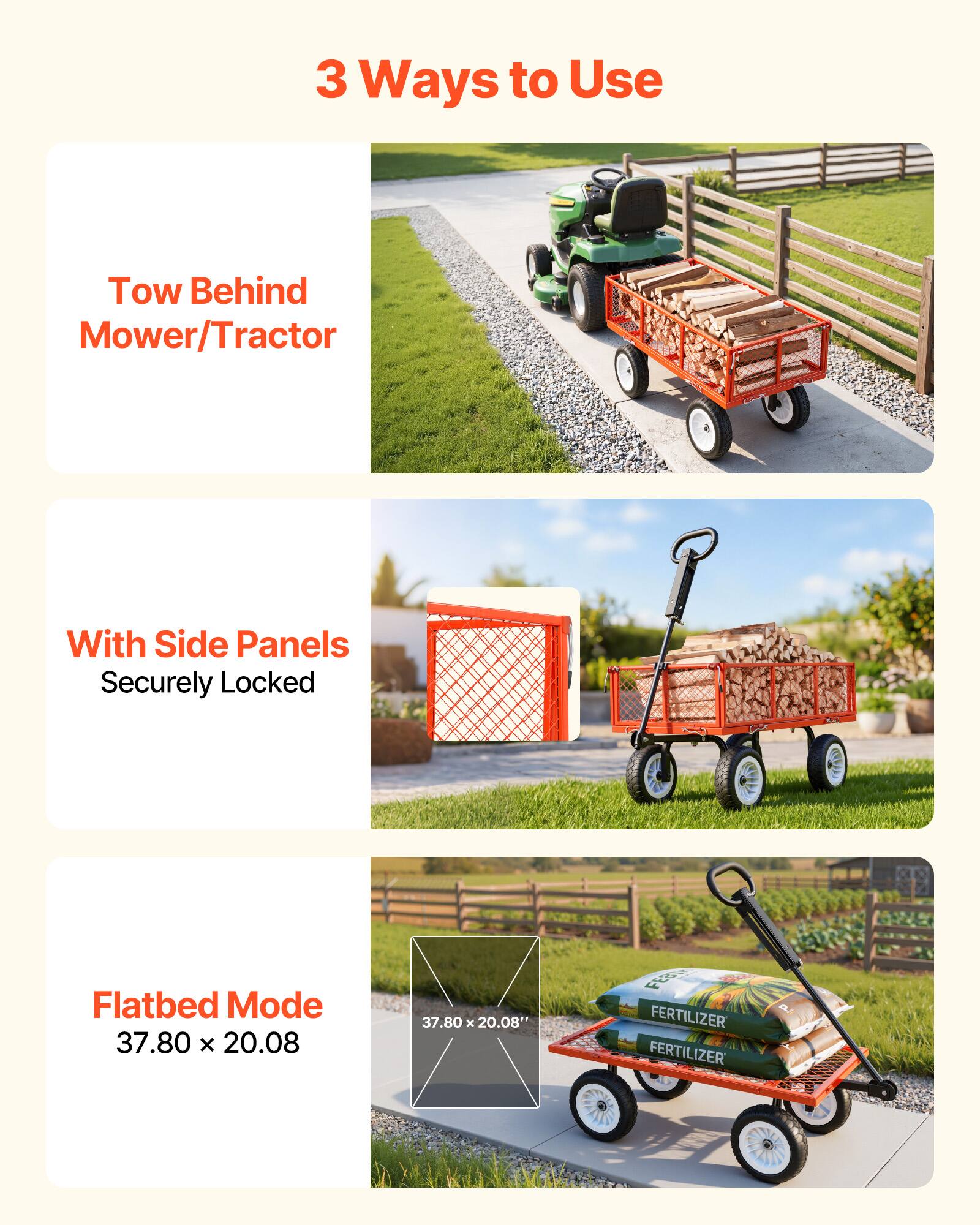 3 Ways to Use

1. Tow Behind Mower/Tractor
2. With Side Panels Securely Locked
3. Flatbed Mode 37.80 x 20.08