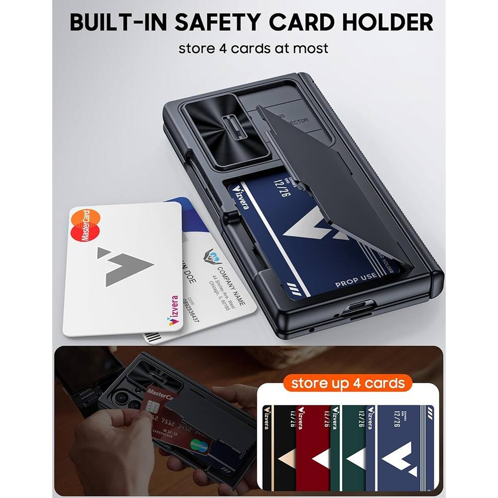 BUILT-IN SAFETY CARD HOLDER  
store 4 cards at most  

N5 ECTOR MasterCard  
COMPANY Chicage Shirley E Ave.  
NAME Doe  
12/26  

USE PROP MasterCard  
5 7532 W32-18  

store up 4 cards  
Vizvera 12/26  
Vizvera 12/26  
Vizvera 12/26  
Vizvera 12/26