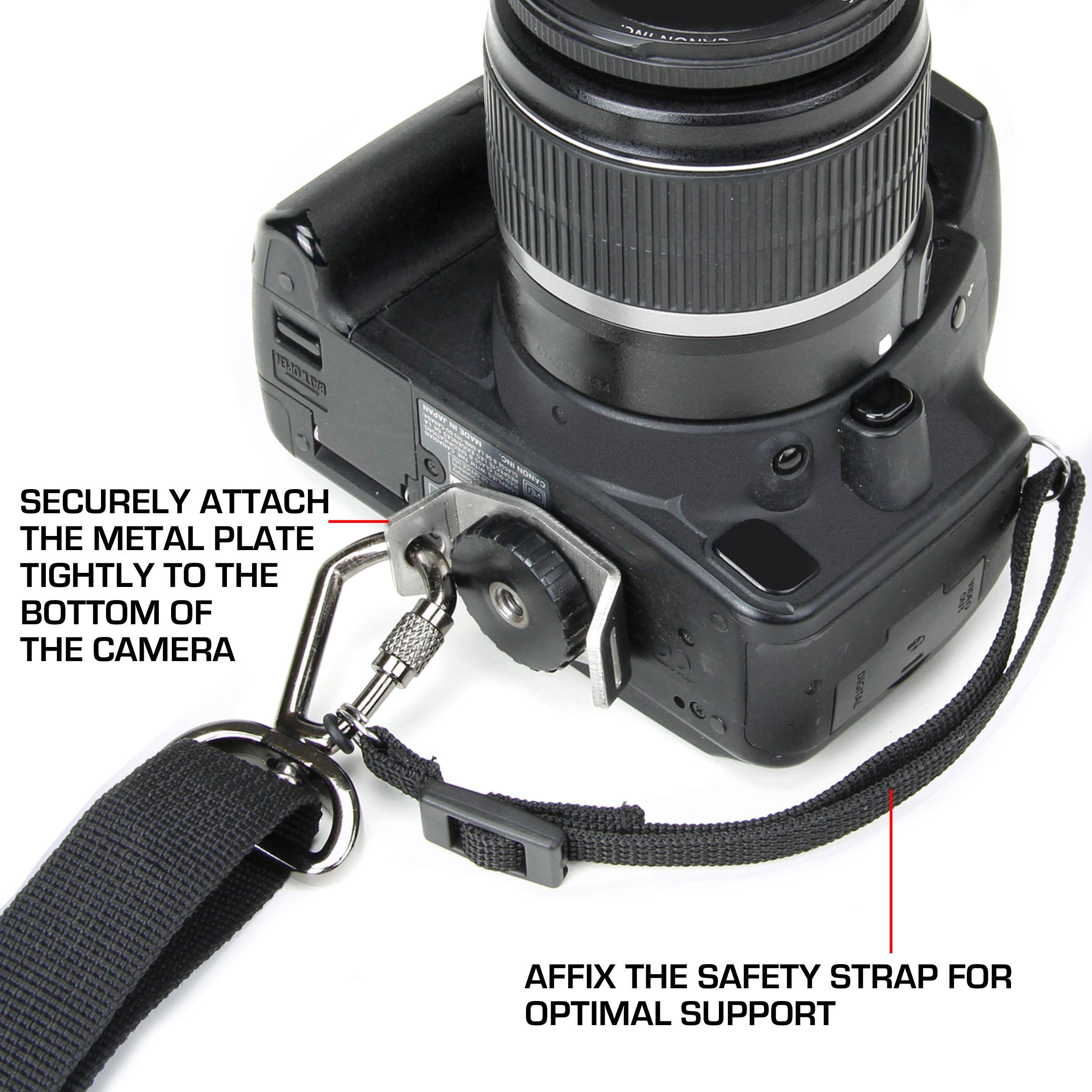 SECURELY ATTACH THE METAL PLATE TIGHTLY TO THE BOTTOM OF THE CAMERA

AFFIX THE SAFETY STRAP FOR OPTIMAL SUPPORT