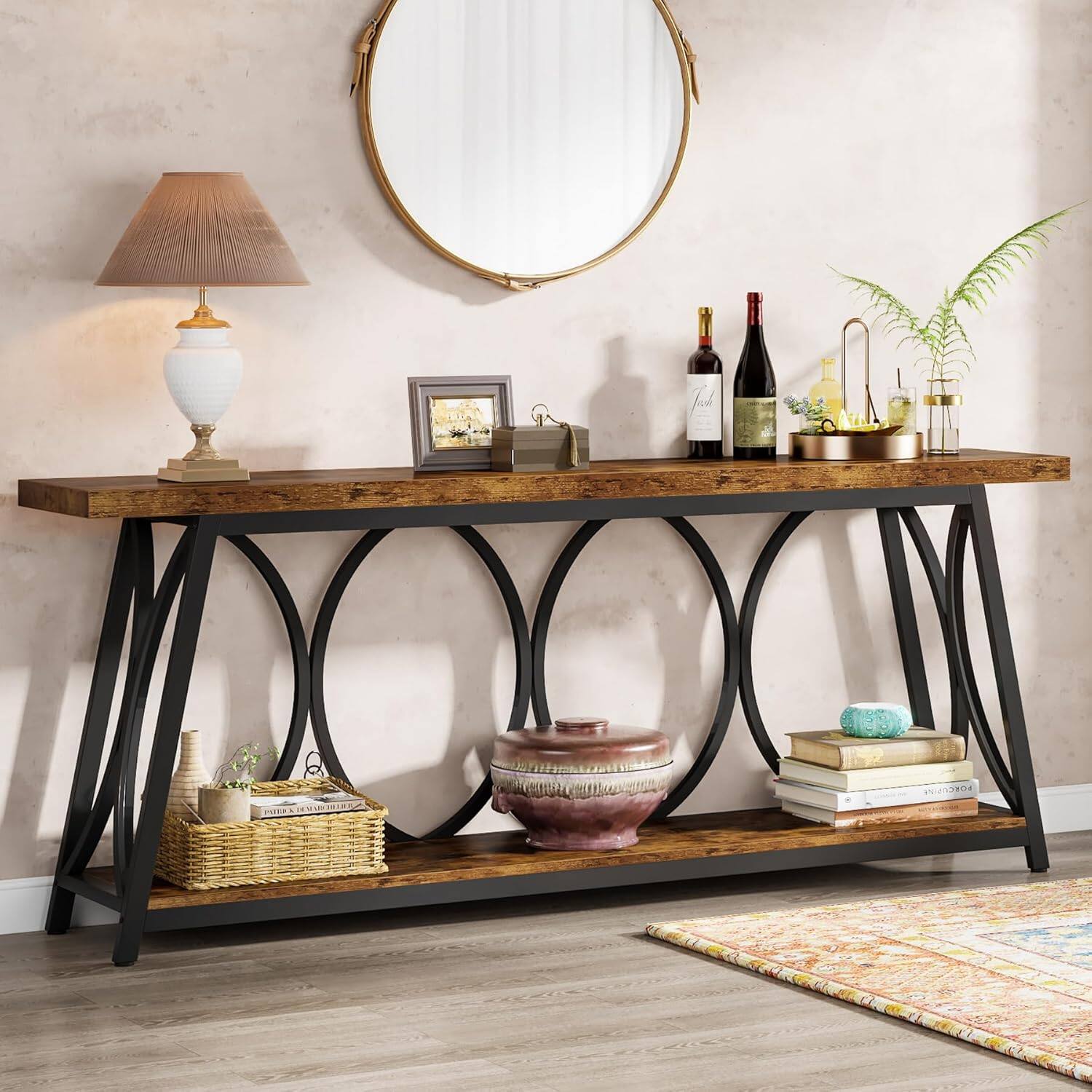 Front. TinyHomie - 70.9in Extra Long Industrial Console Table Narrow Sofa Table Behind Couch with 2-Tier Storage Shelves - Brown and Black.