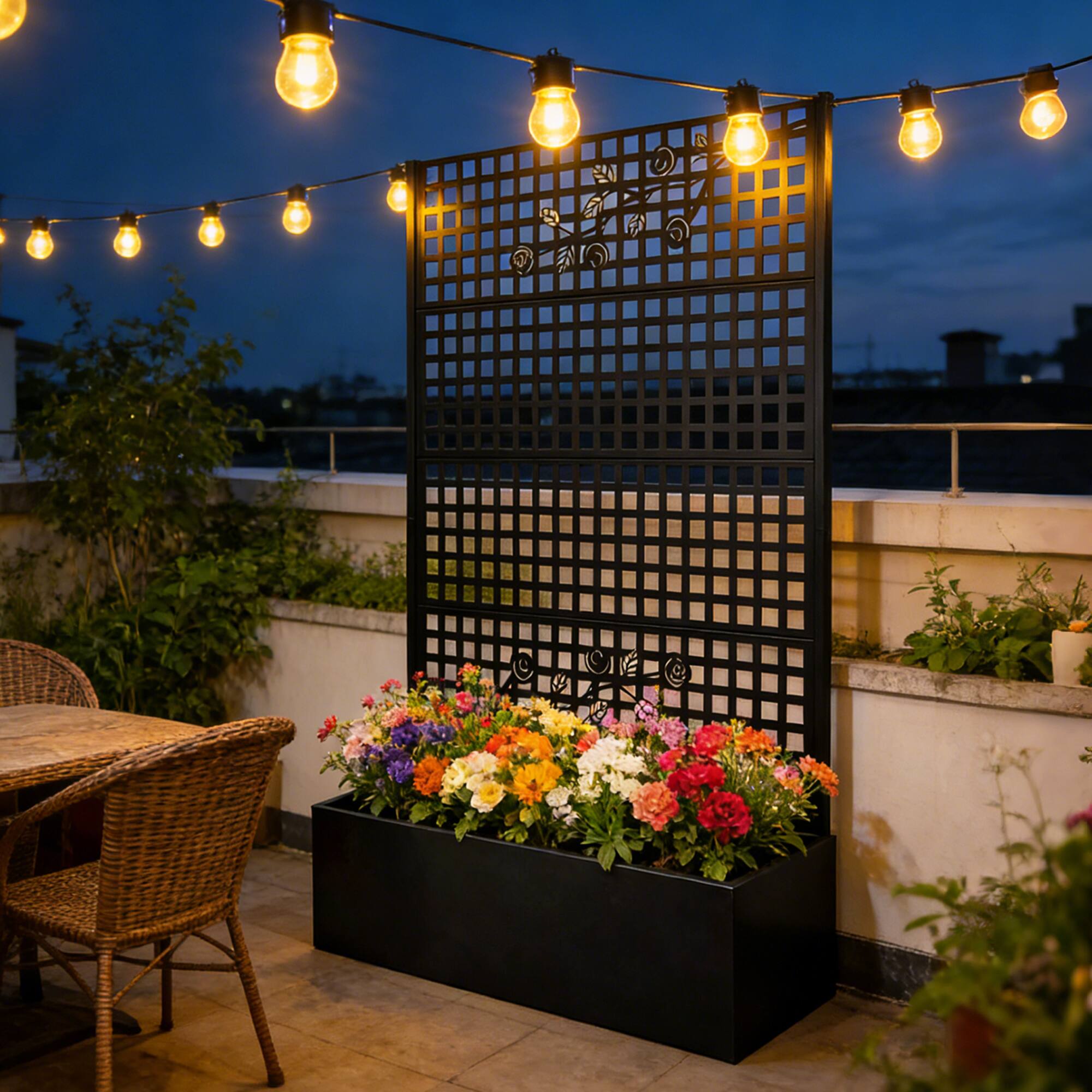 Back. Loheer - Metal Planter Box with Trellis, 5.9 ft H Raised Garden Bed Privacy Screen for Patio Balcony - Black.