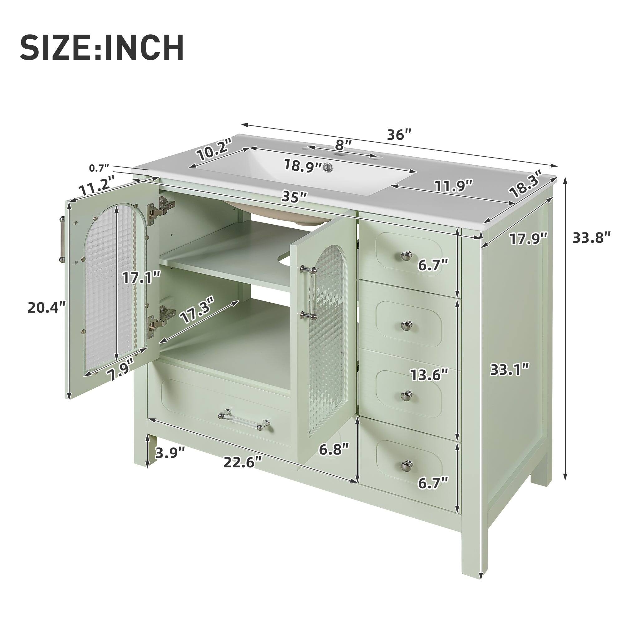 SIZE: INCH  
0.7" 11.2" 10.2" 8" 18.9" 35" 36" 11.9" 18.3" 20.4" 17.1" 17.3" 17.9" 33.8" 7.9" 13.6" 33.1" 3.9" 22.6" 6.8" 6.7"