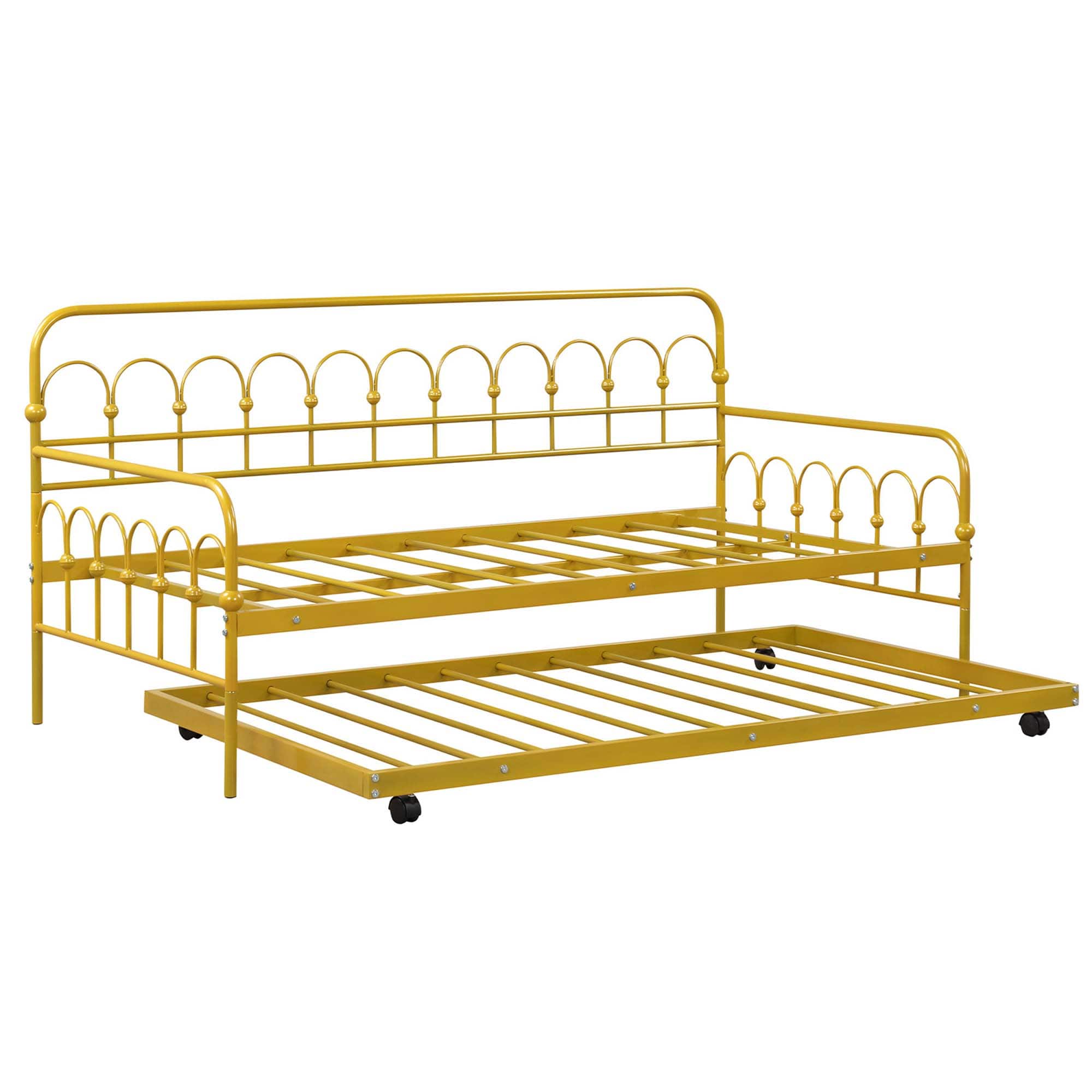 Costway - Twin Size Metal Daybed with Trundle Space-Saving Sofa Bed Lockable Wheels Gold - Golden price drop on PriceWatchPro