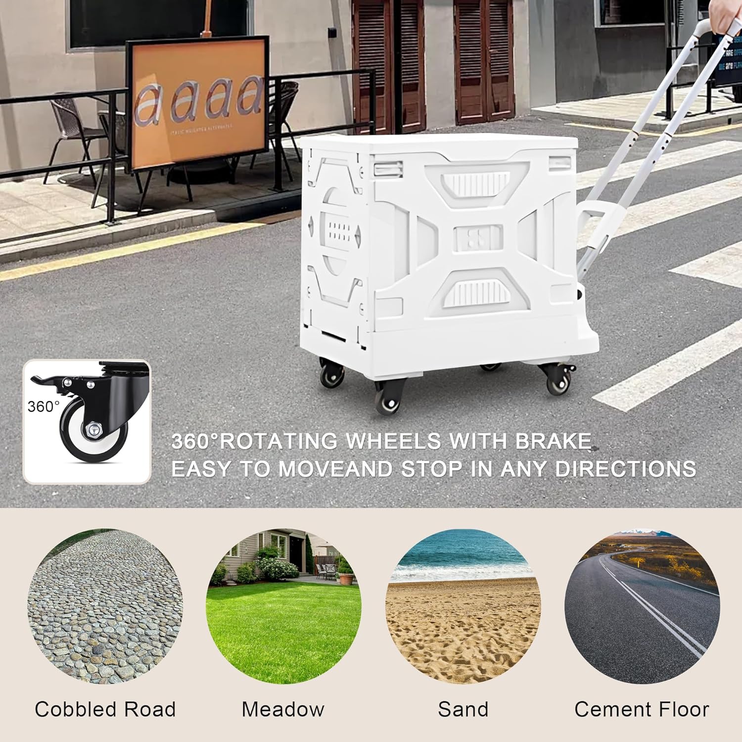 - **360° Rotating Wheels with Brake**
- **Easy to Move and Stop in Any Directions**
- **Cobbled Road**
- **Meadow**
- **Sand**
- **Cement Floor**