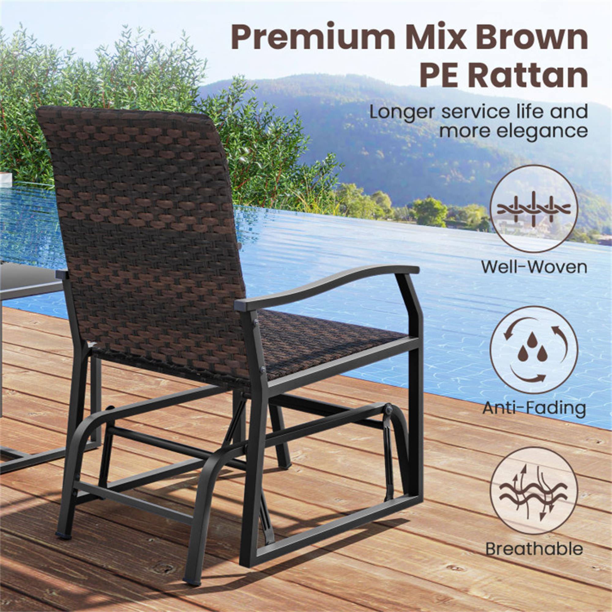 Premium Mix Brown PE Rattan  
Longer service life and more elegance  
Well-Woven  
Anti-Fading  
Breathable
